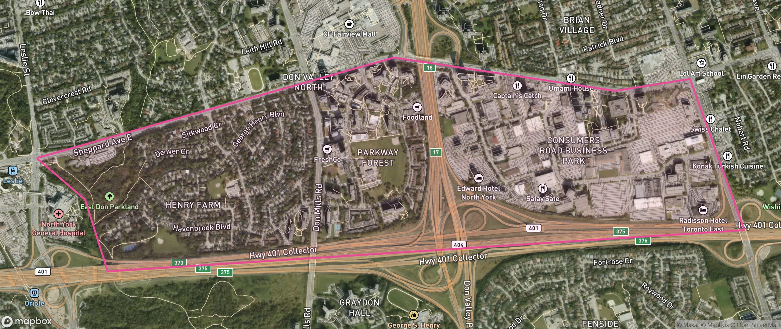 Map of Henry Farm, Toronto showing the community boundary