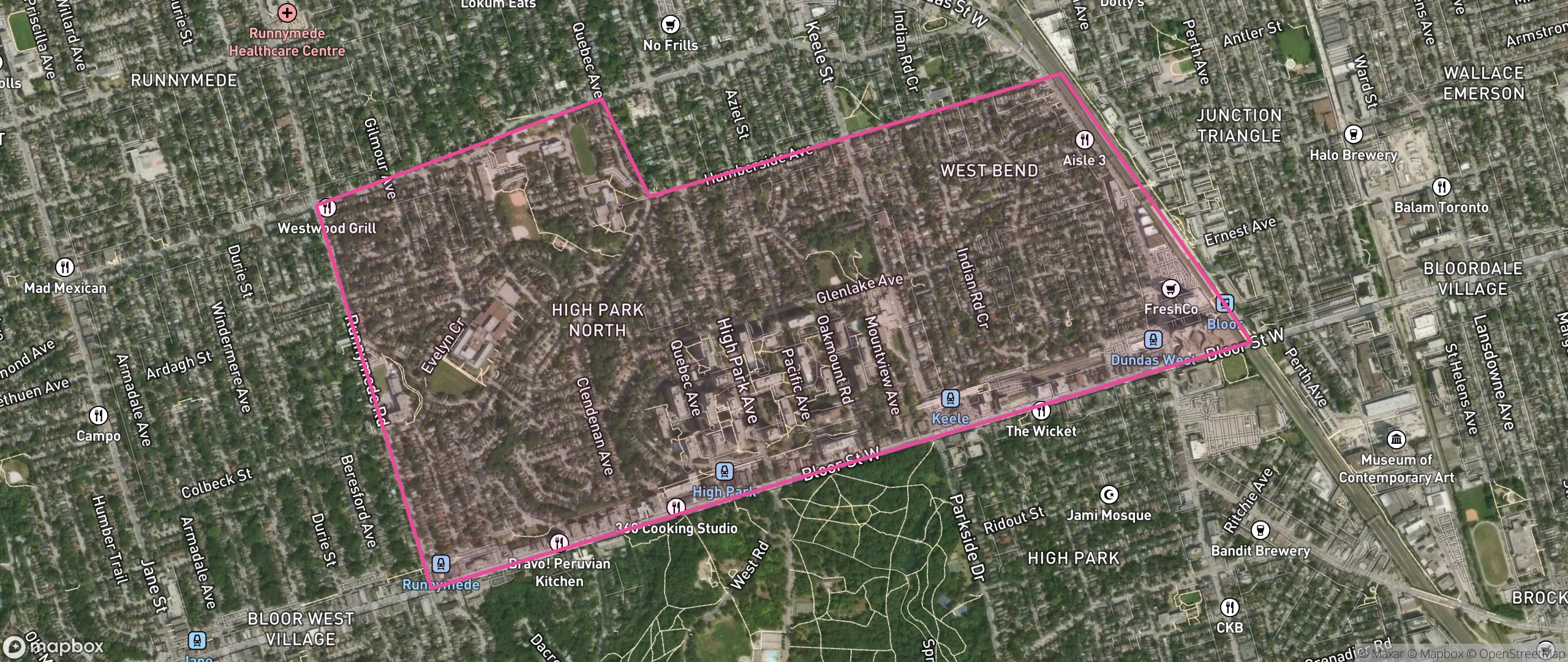 Map of High Park North, Toronto showing the community boundary