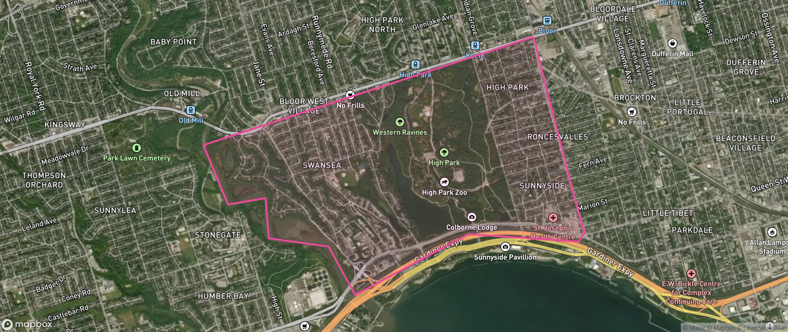 Map of High Park-Swansea, Toronto showing the community boundary