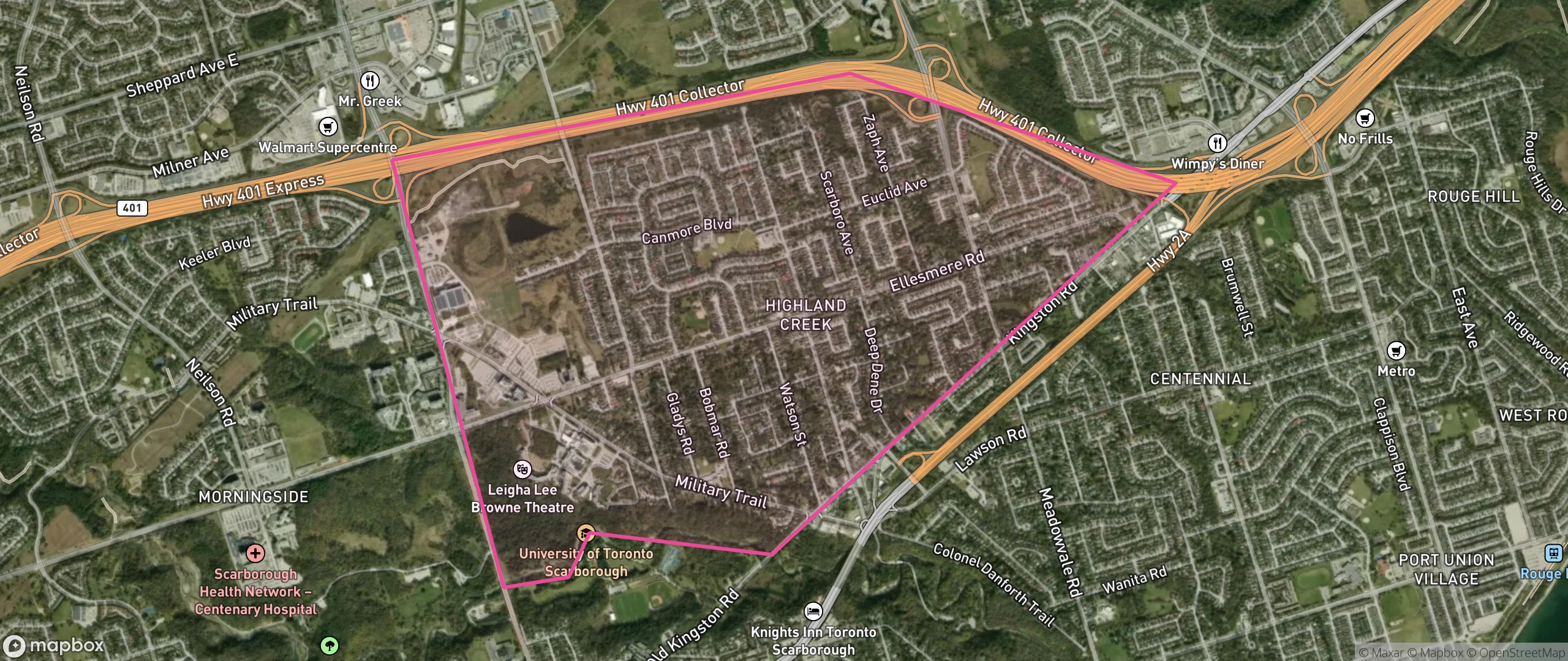 Map of Highland Creek, Toronto showing the community boundary