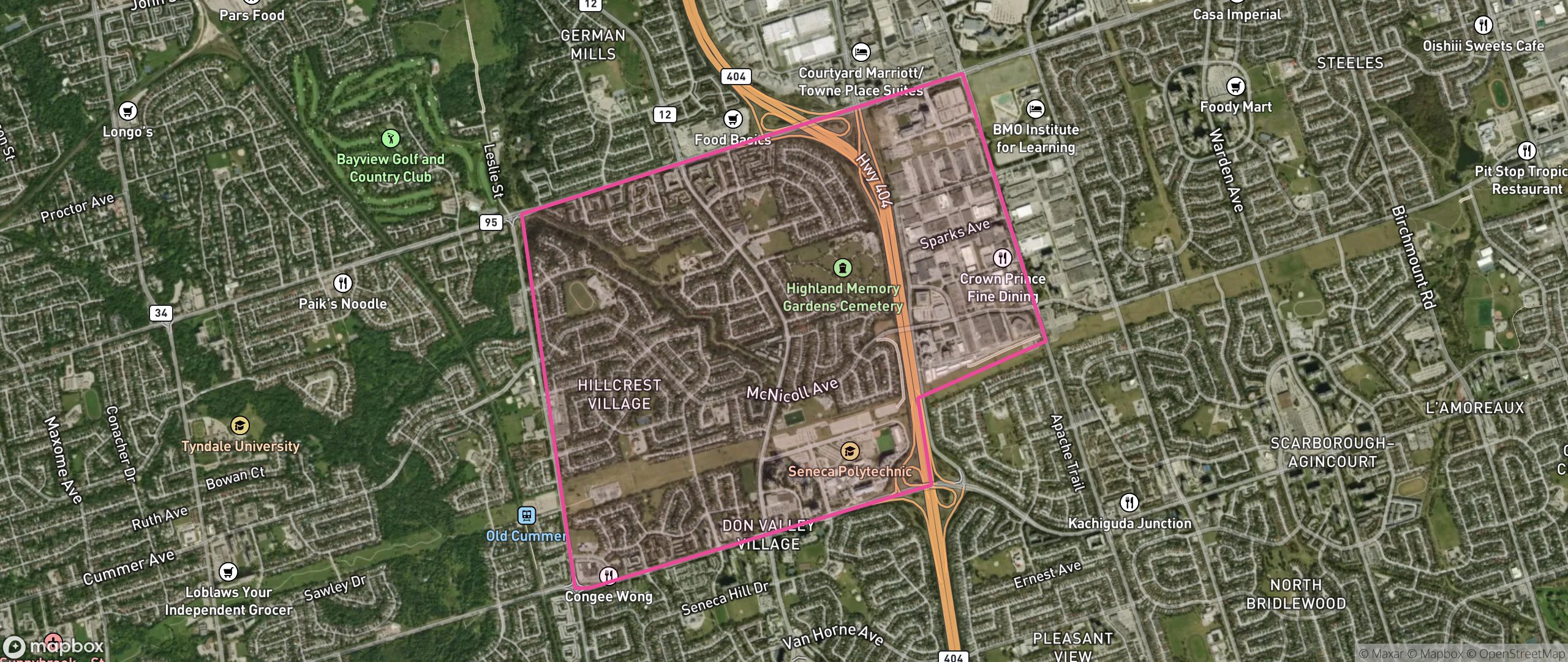 Map of Hillcrest Village, Toronto showing the community boundary