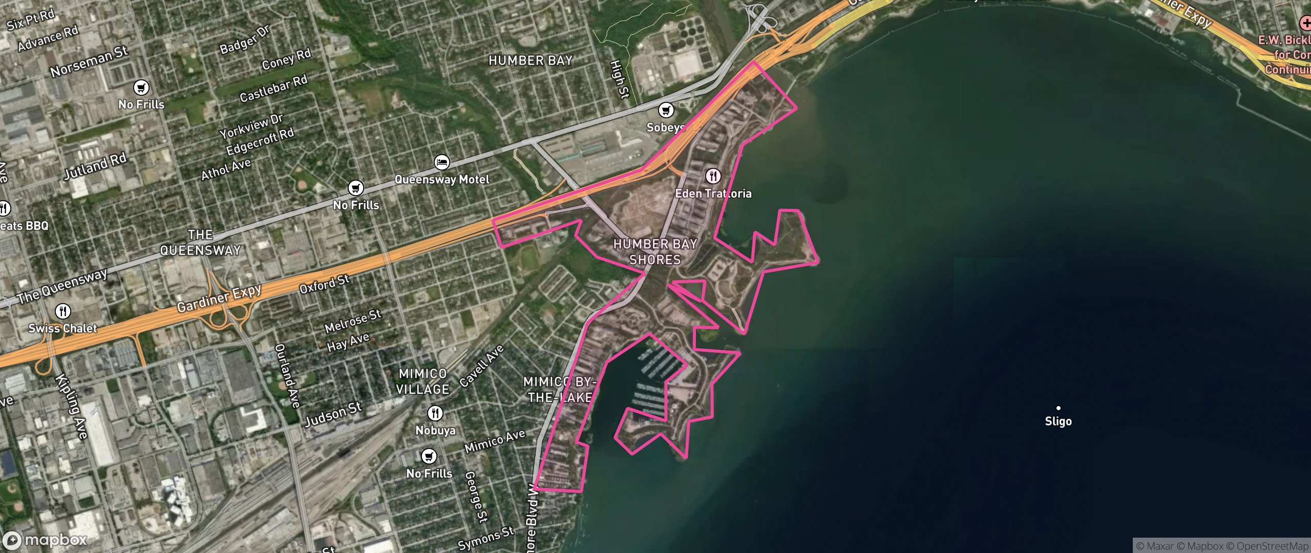 Map of Humber Bay Shores, Toronto showing the community boundary