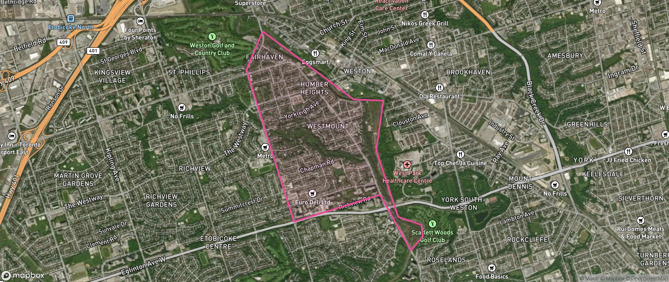 Map of Humber Heights-Westmount, Toronto showing the community boundary