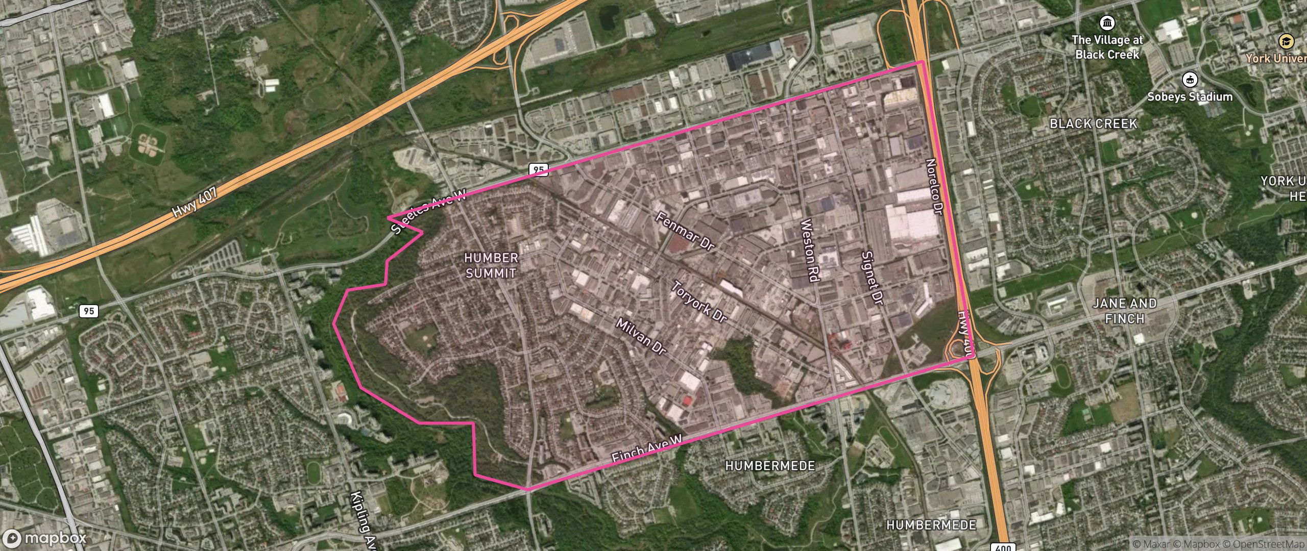 Map of Humber Summit, Toronto showing the community boundary