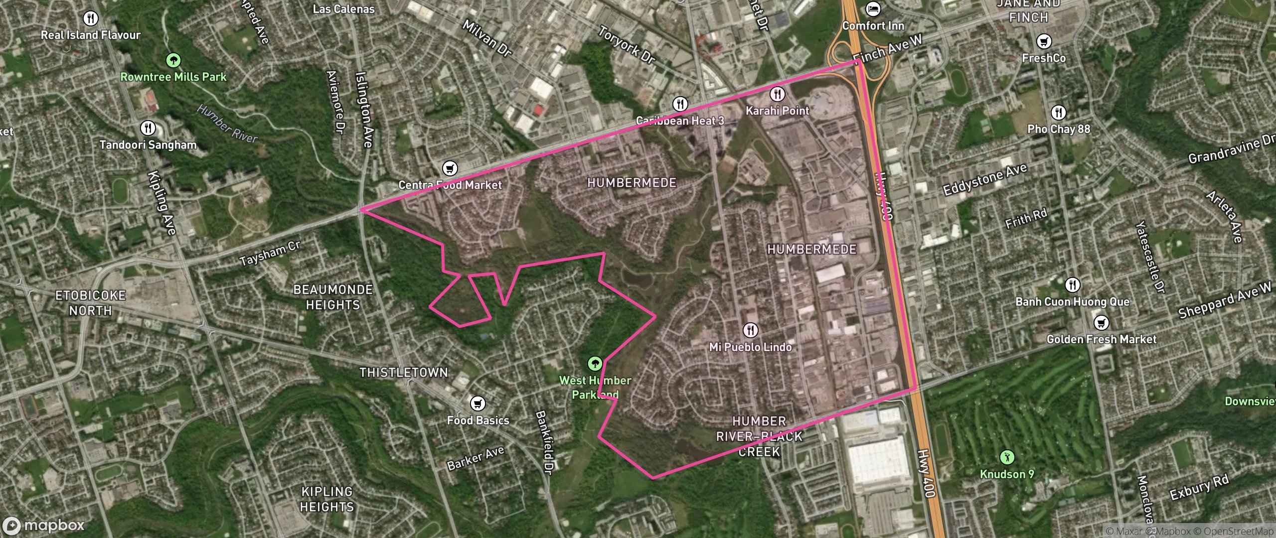 Map of Humbermede, Toronto showing the community boundary