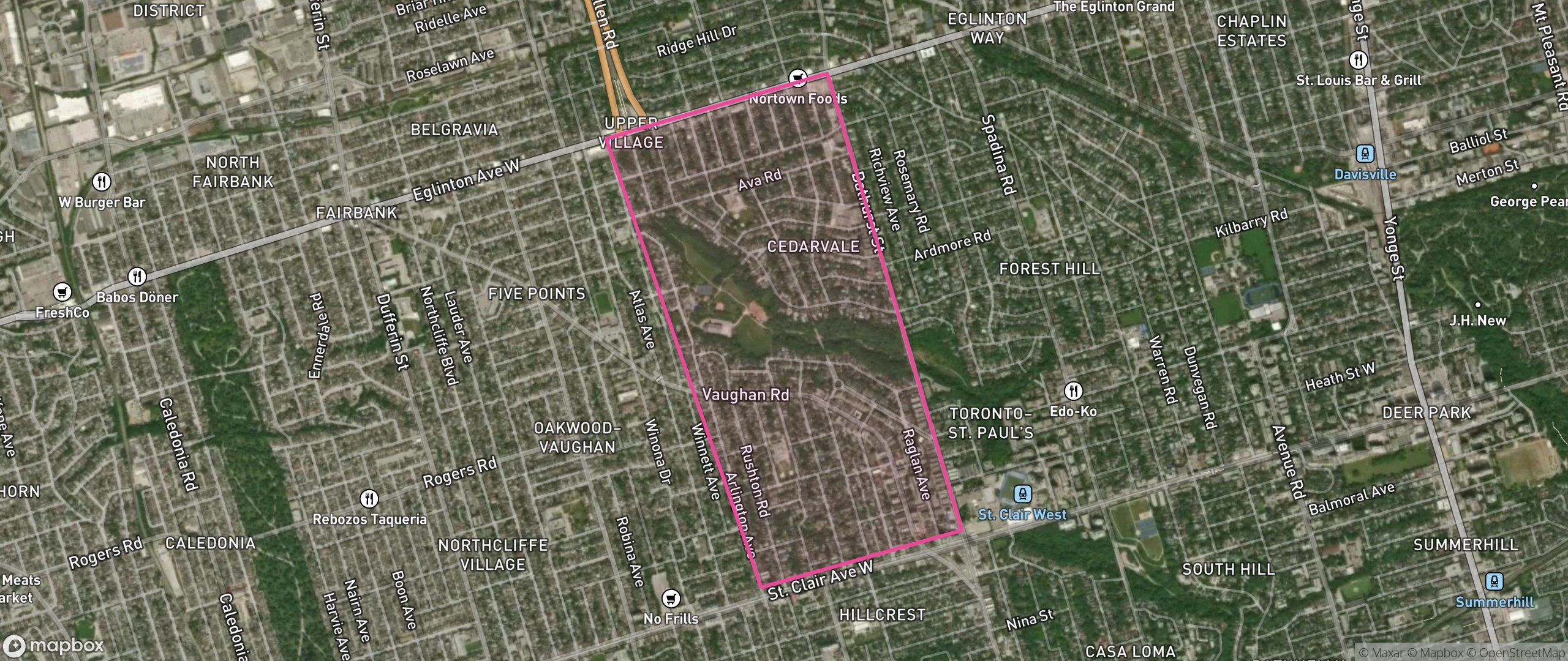Map of Humewood-Cedarvale, Toronto showing the community boundary