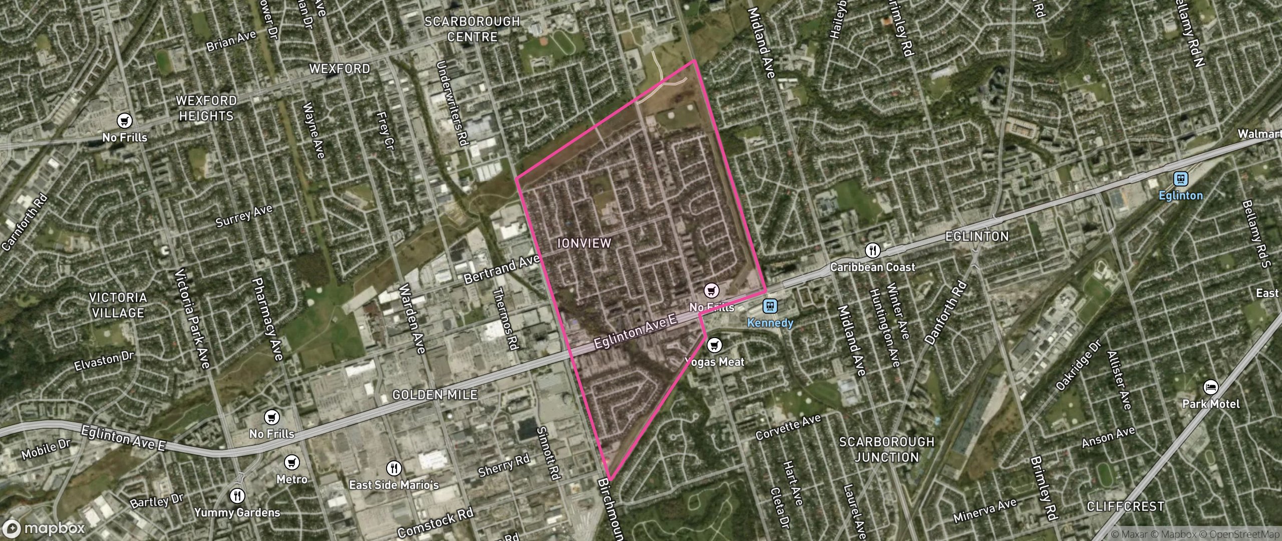 Map of Ionview, Toronto showing the community boundary