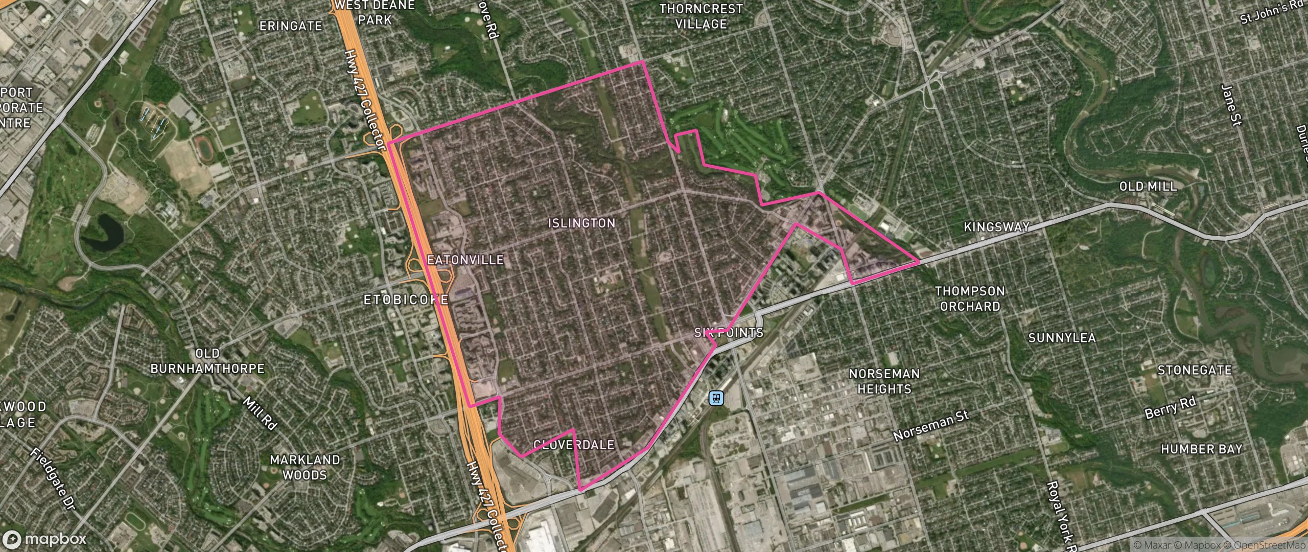Map of Islington, Toronto showing the community boundary
