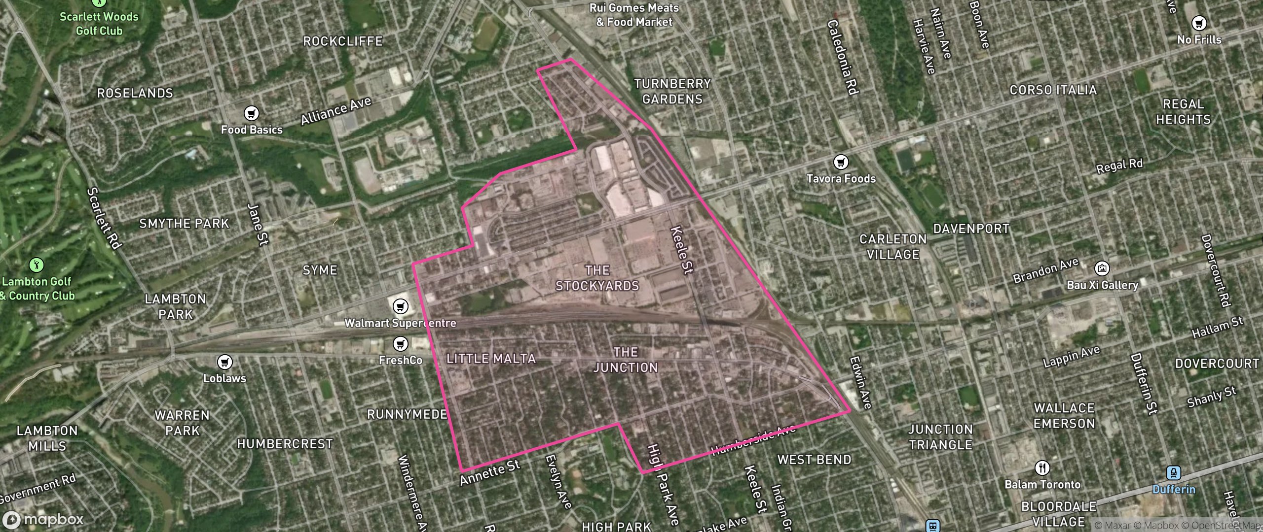 Map of Junction Area, Toronto showing the community boundary