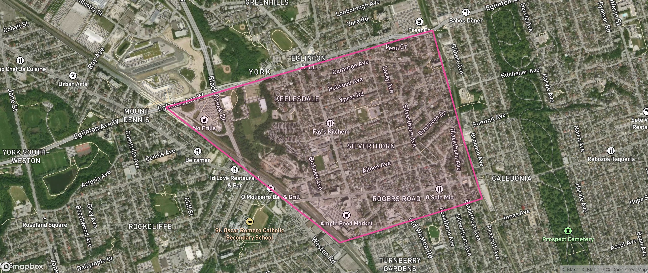 Map of Keelesdale-Eglinton West, Toronto showing the community boundary