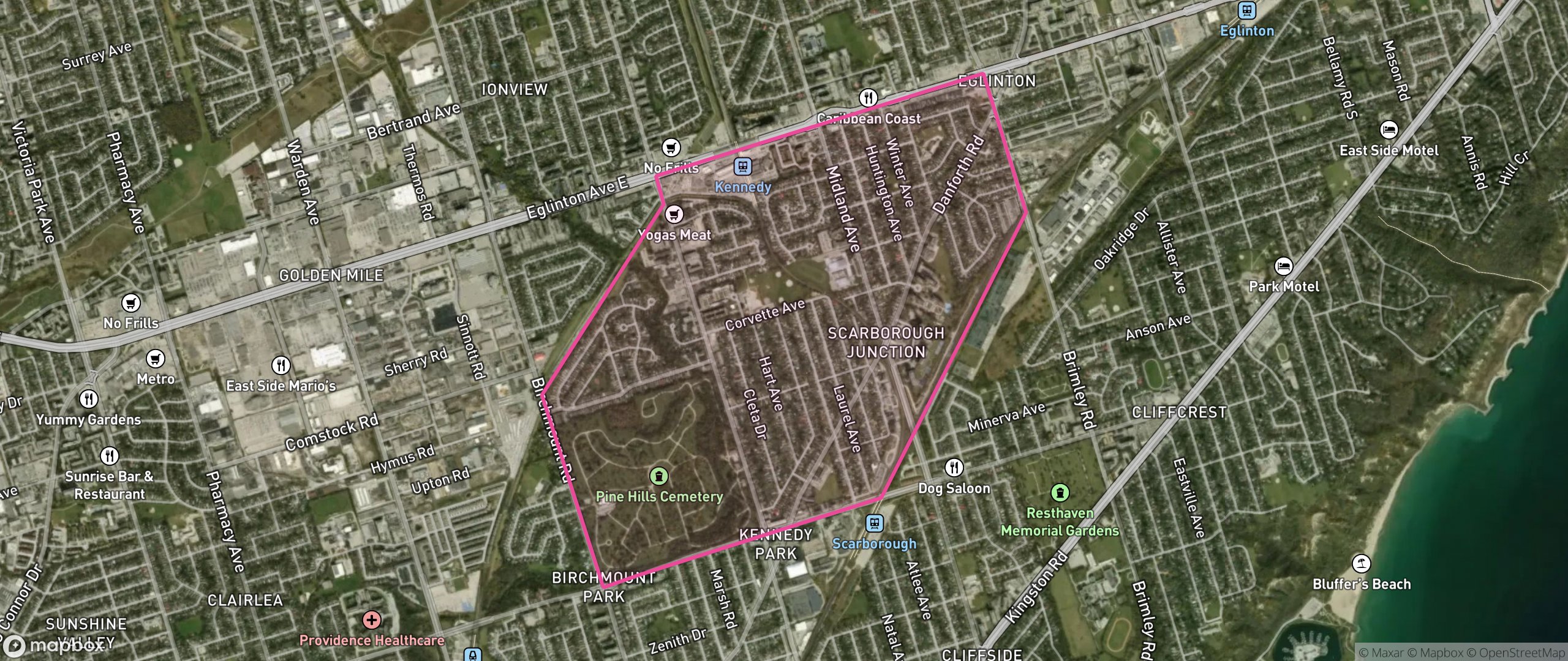 Map of Kennedy Park, Toronto showing the community boundary
