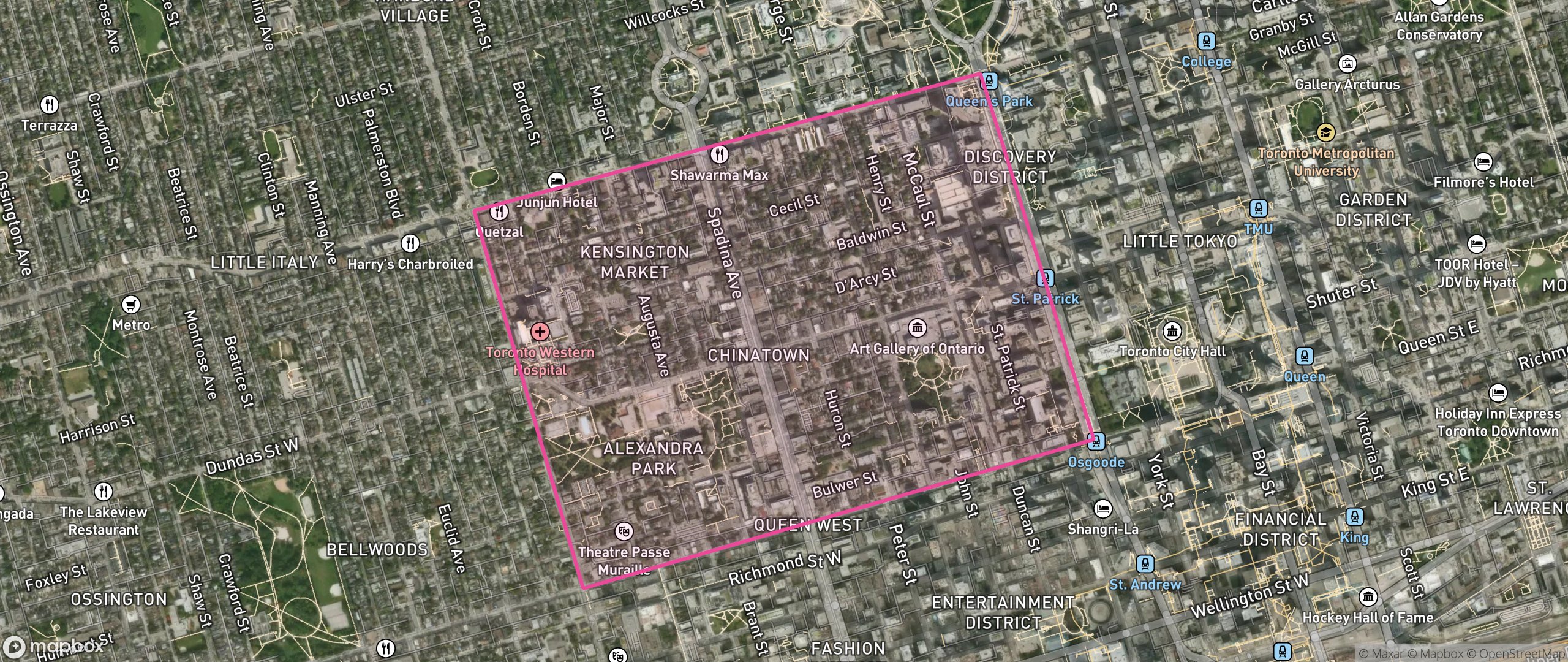 Map of Kensington-Chinatown, Toronto showing the community boundary