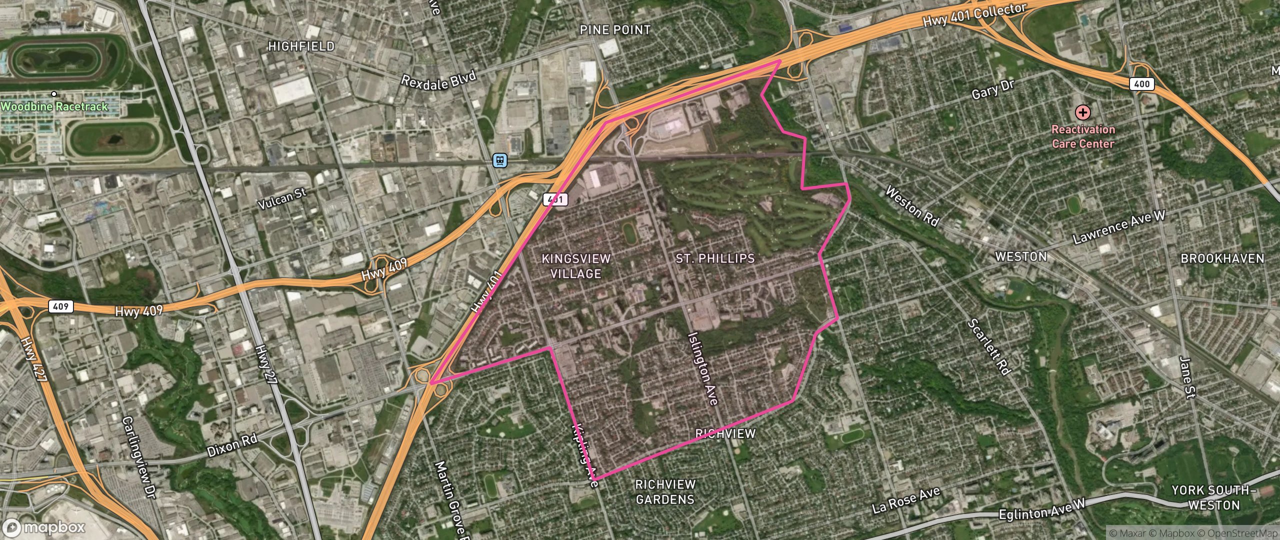 Map of Kingsview Village-The Westway, Toronto showing the community boundary