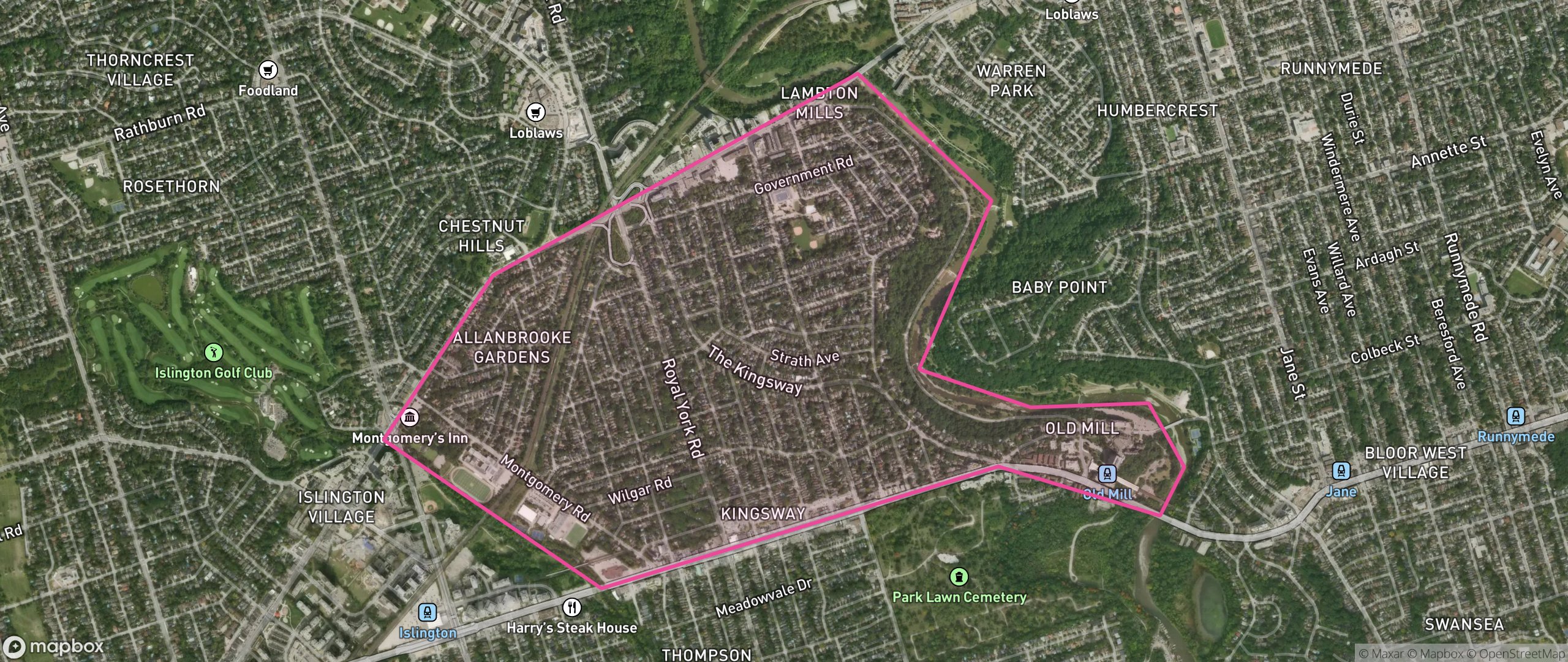 Map of Kingsway South, Toronto showing the community boundary