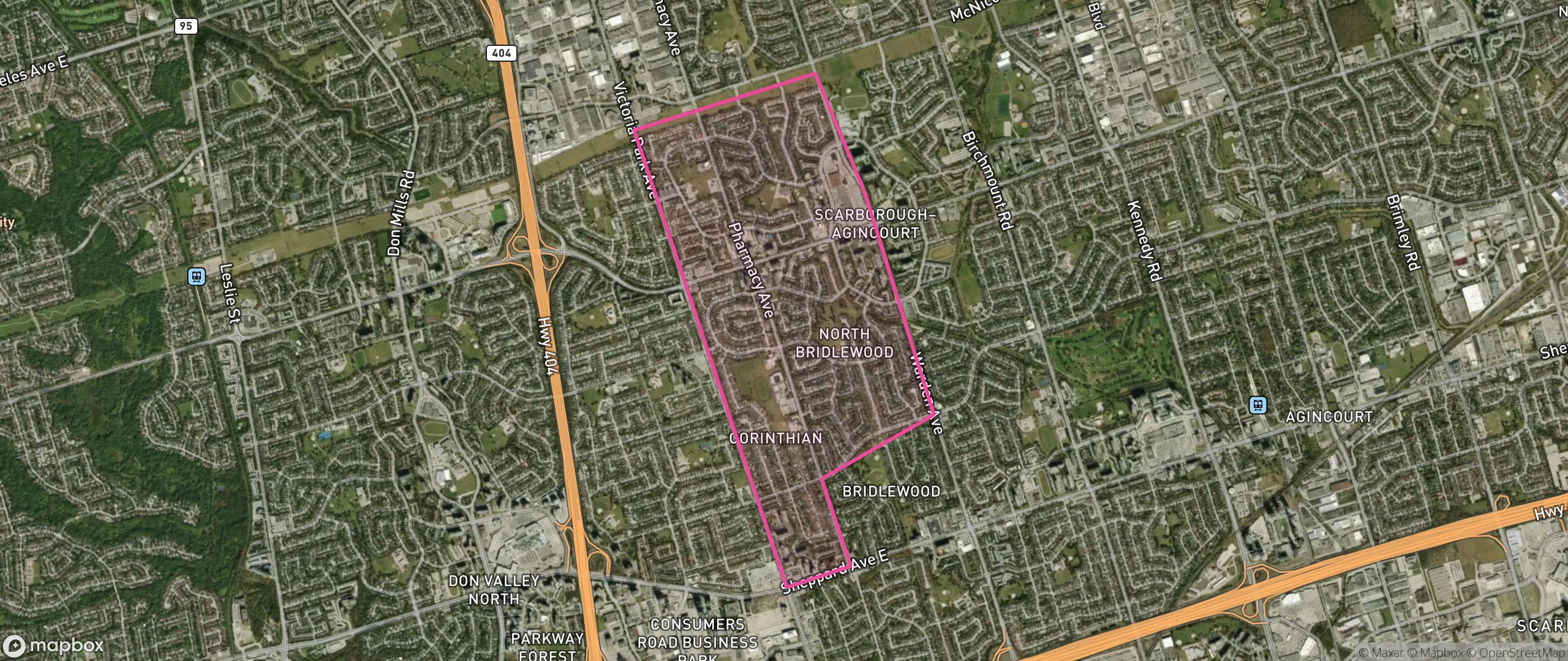 Map of L'Amoreaux West, Toronto showing the community boundary