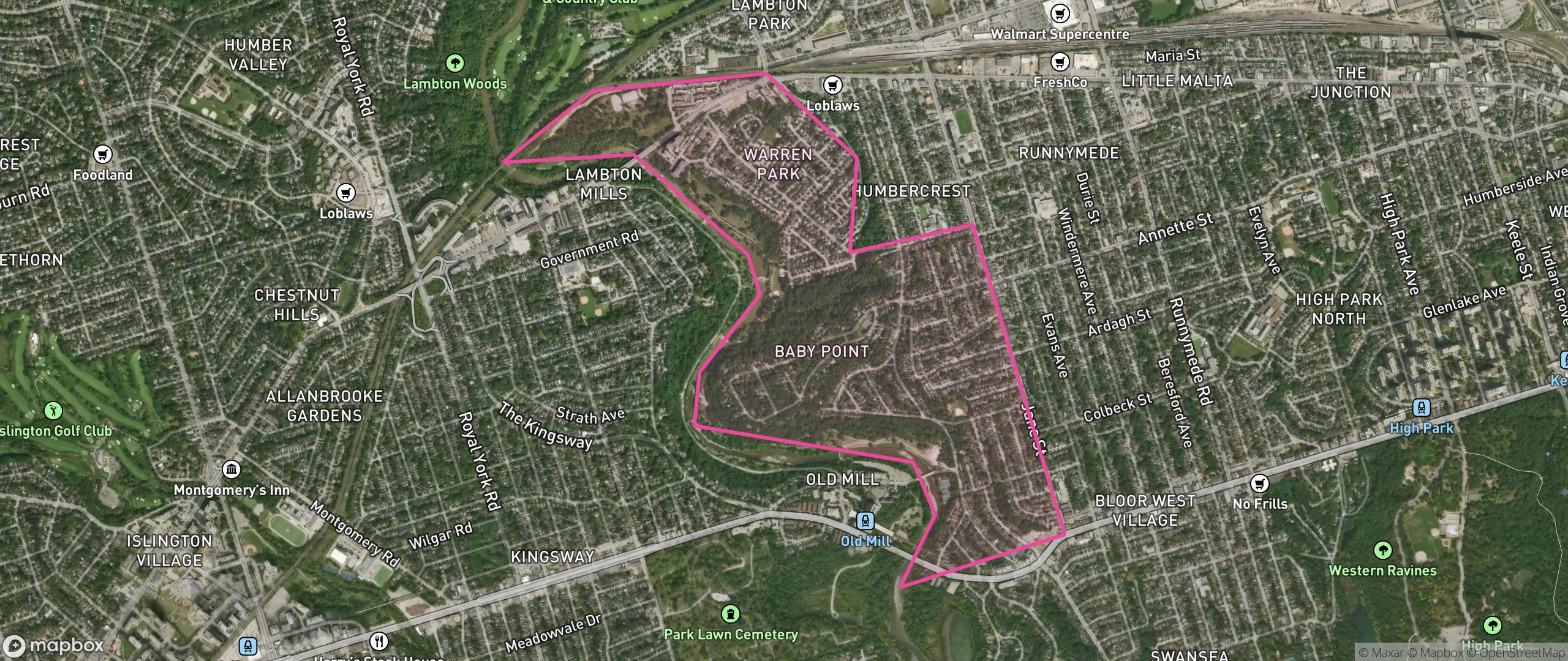 Map of Lambton Baby Point, Toronto showing the community boundary