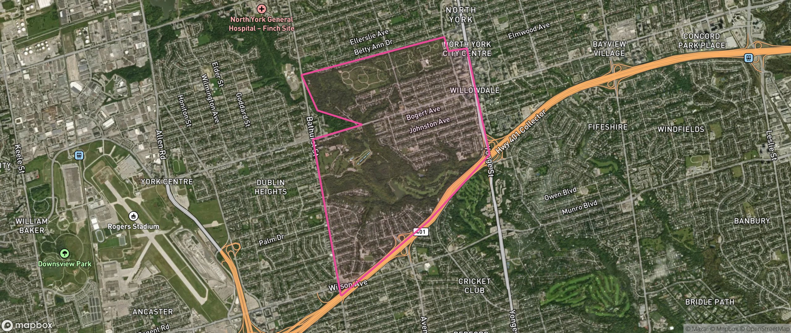 Map of Lansing-Westgate, Toronto showing the community boundary