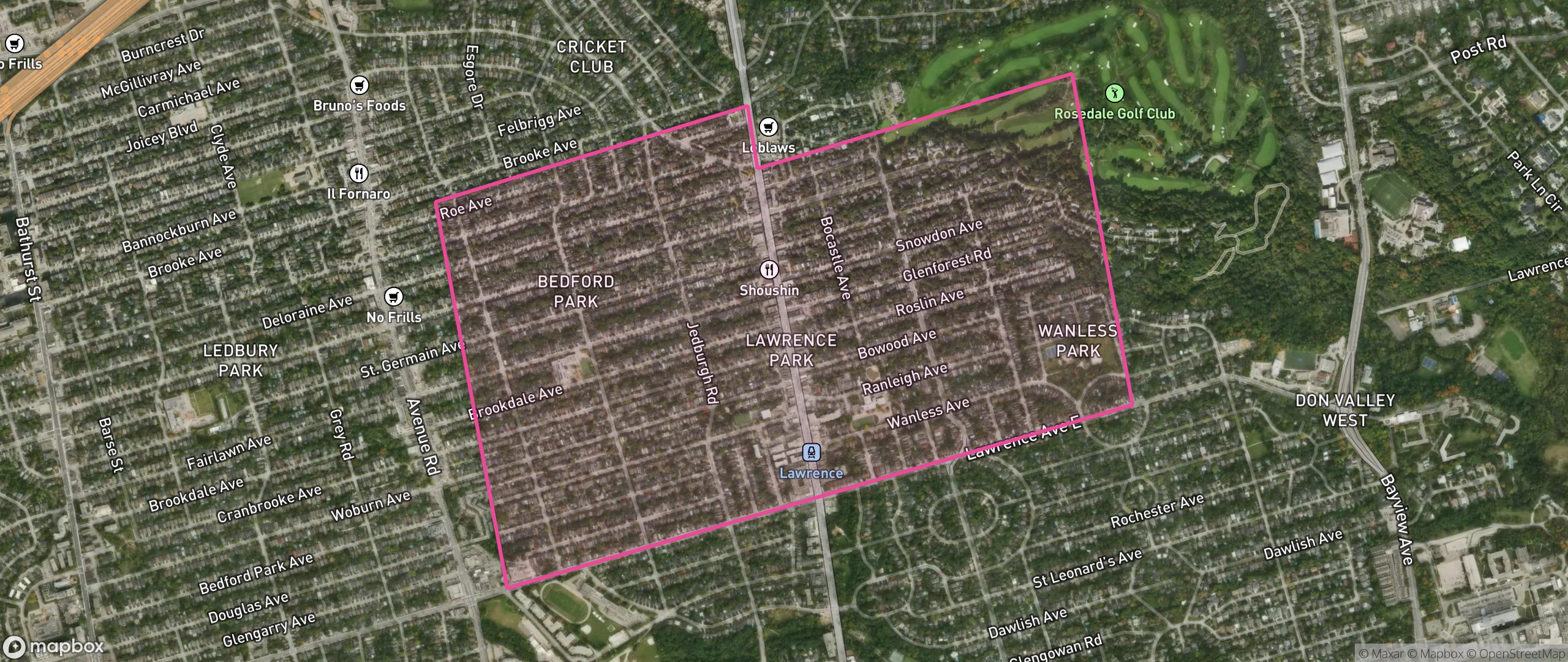 Map of Lawrence Park North, Toronto showing the community boundary