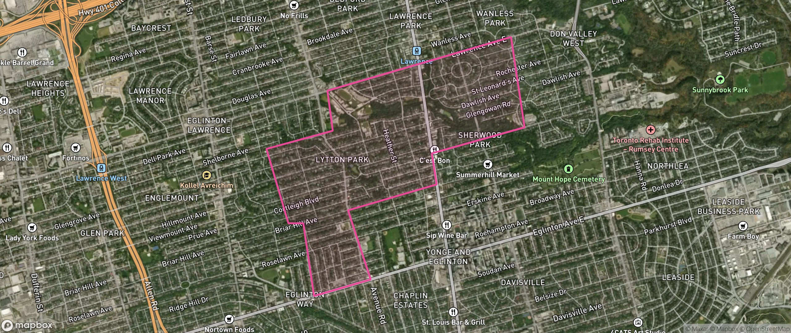 Map of Lawrence Park South, Toronto showing the community boundary