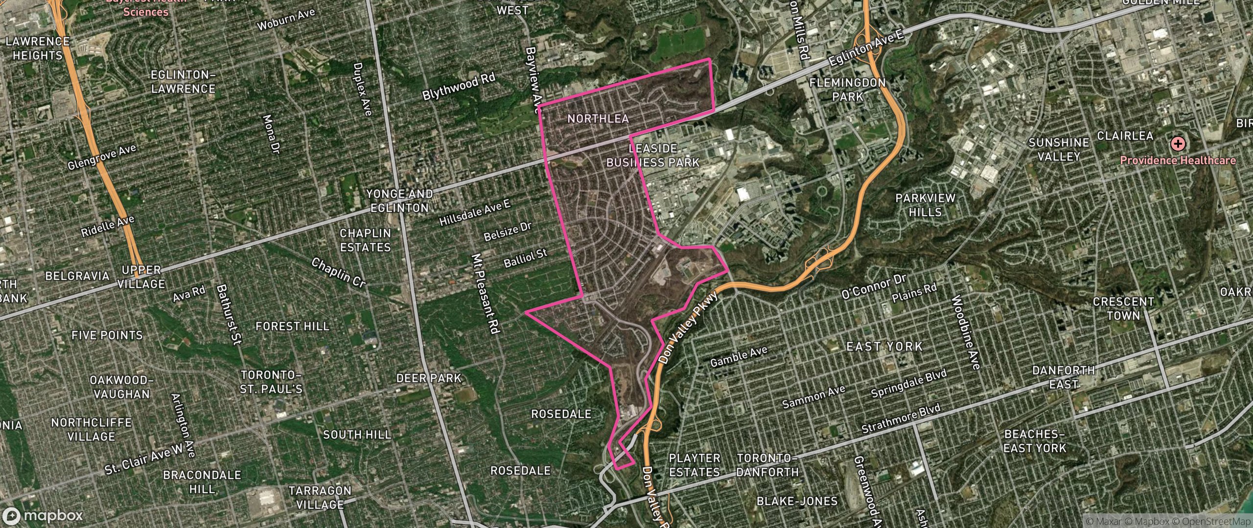 Map of Leaside-Bennington, Toronto showing the community boundary