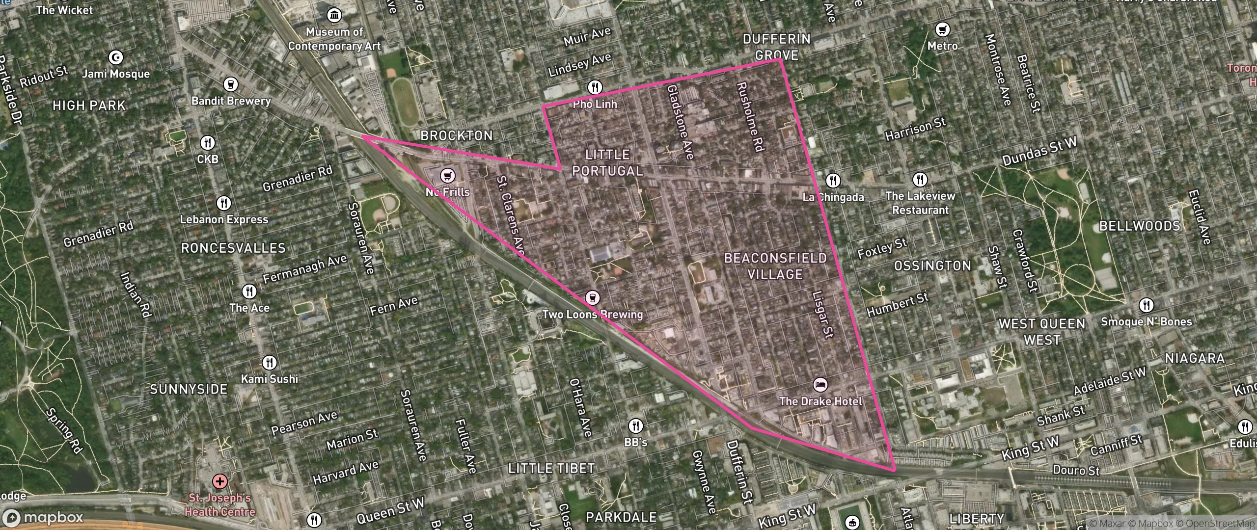Map of Little Portugal, Toronto showing the community boundary