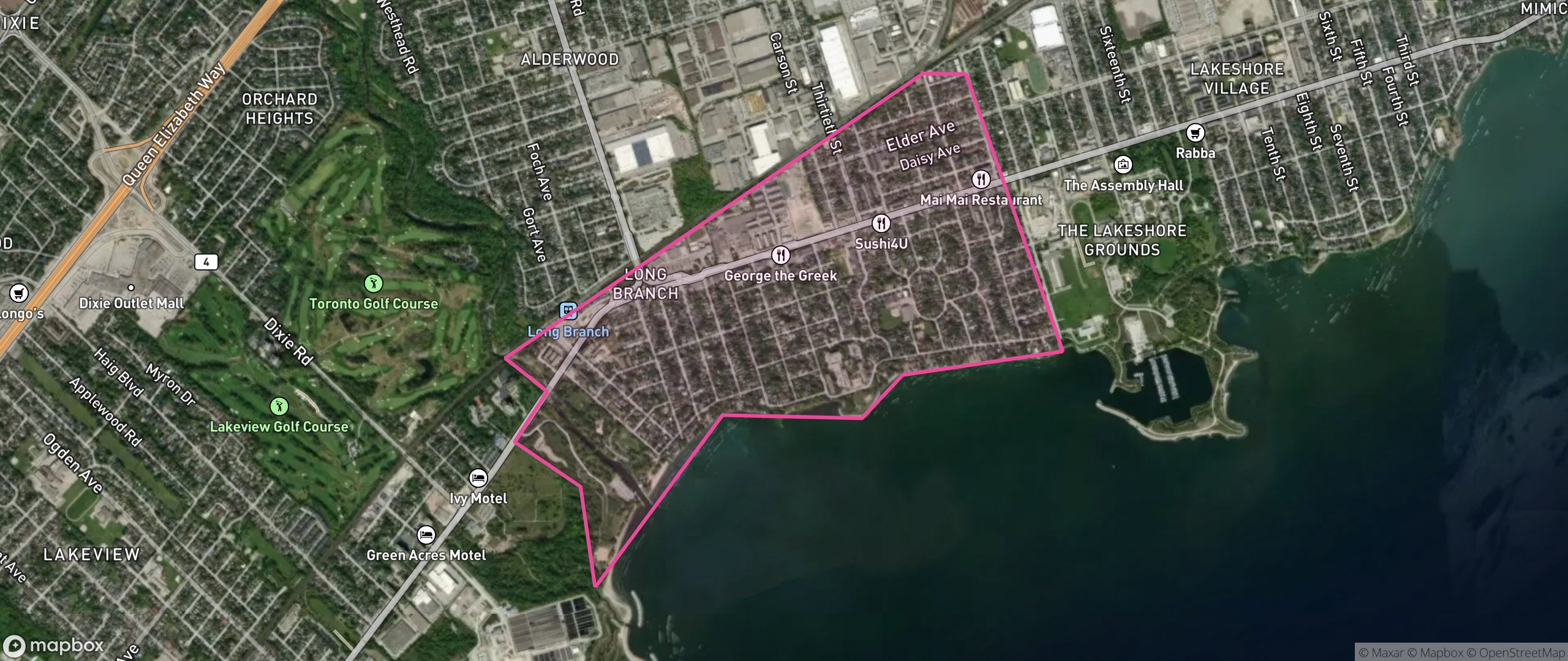 Map of Long Branch, Toronto showing the community boundary
