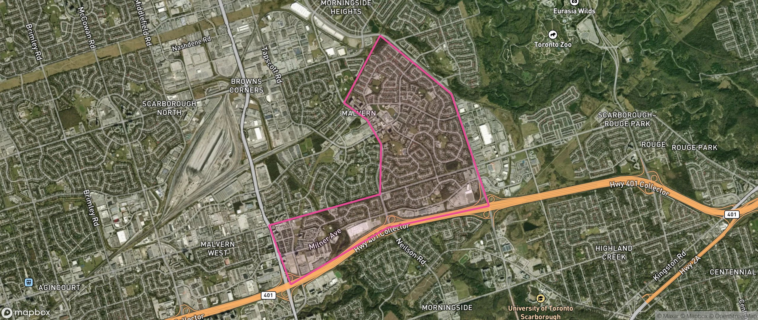 Map of Malvern East, Toronto showing the community boundary
