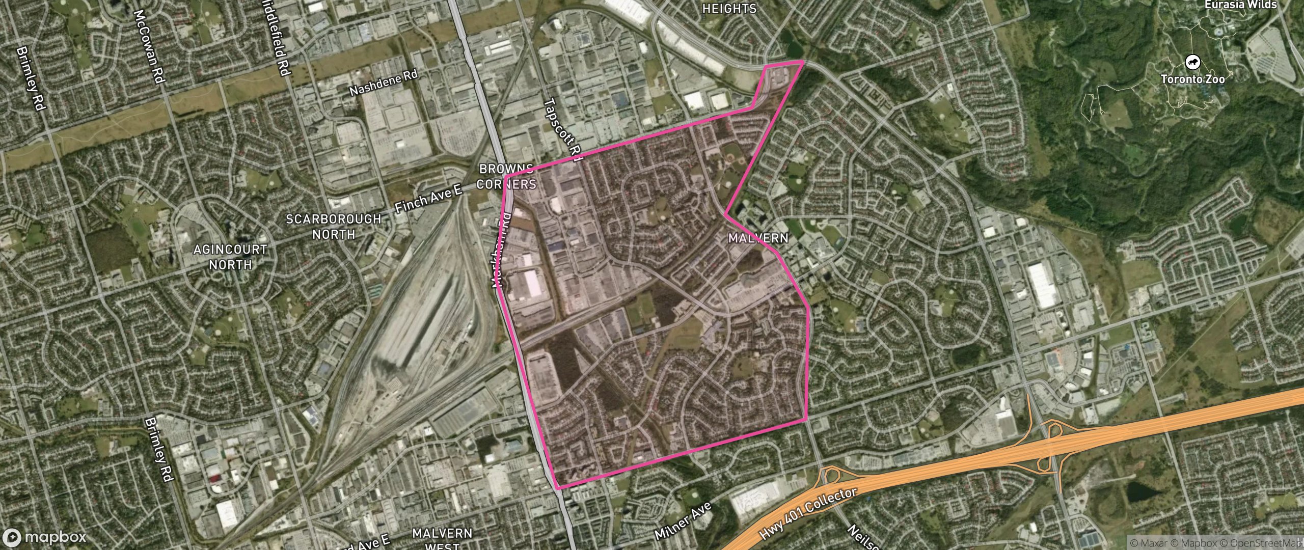 Map of Malvern West, Toronto showing the community boundary