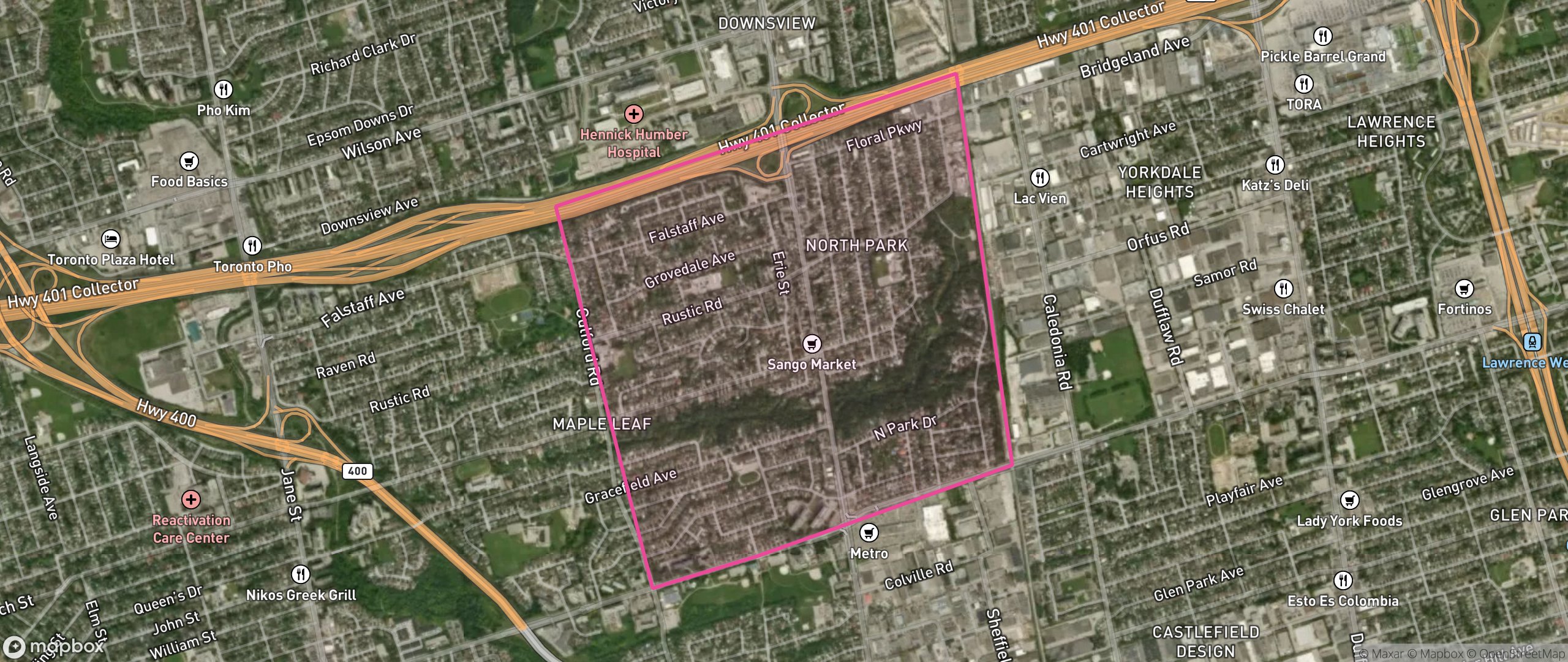 Map of Maple Leaf, Toronto showing the community boundary