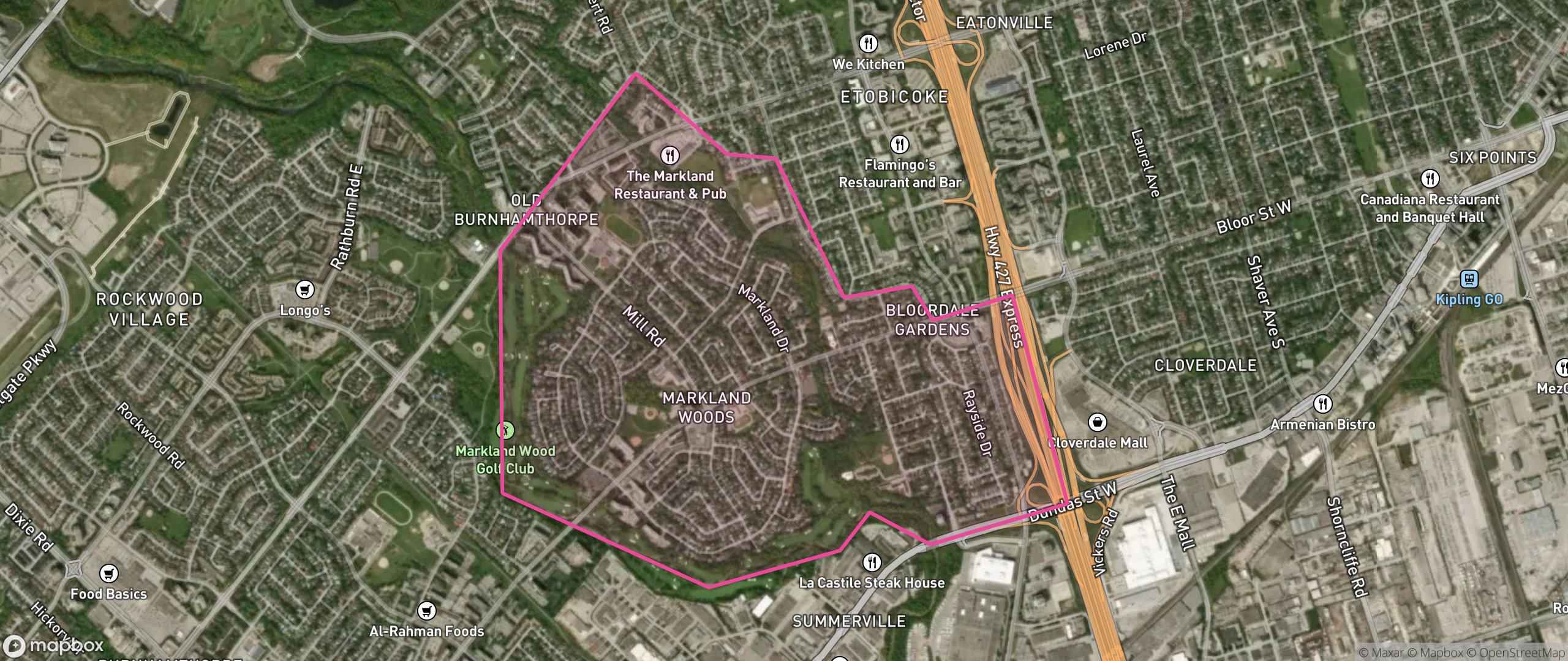 Map of Markland Wood, Toronto showing the community boundary