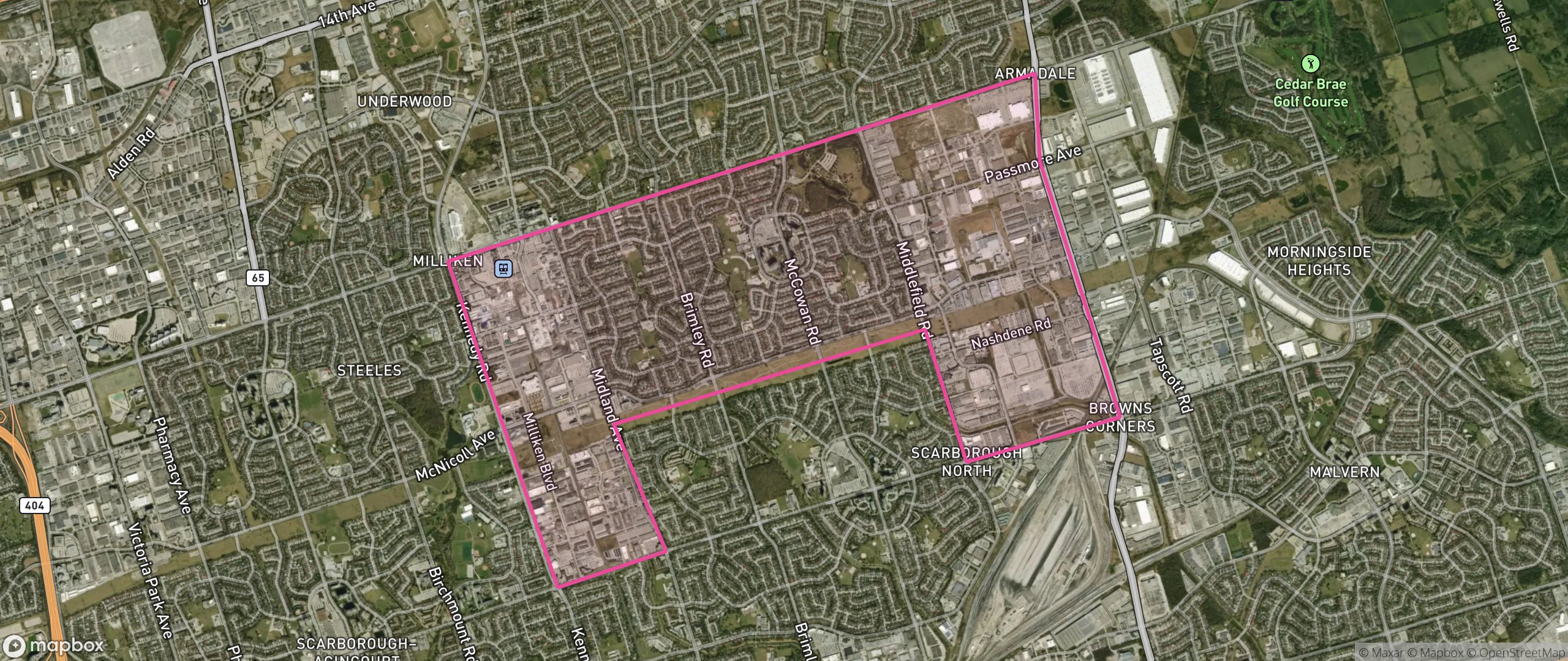 Map of Milliken, Toronto showing the community boundary