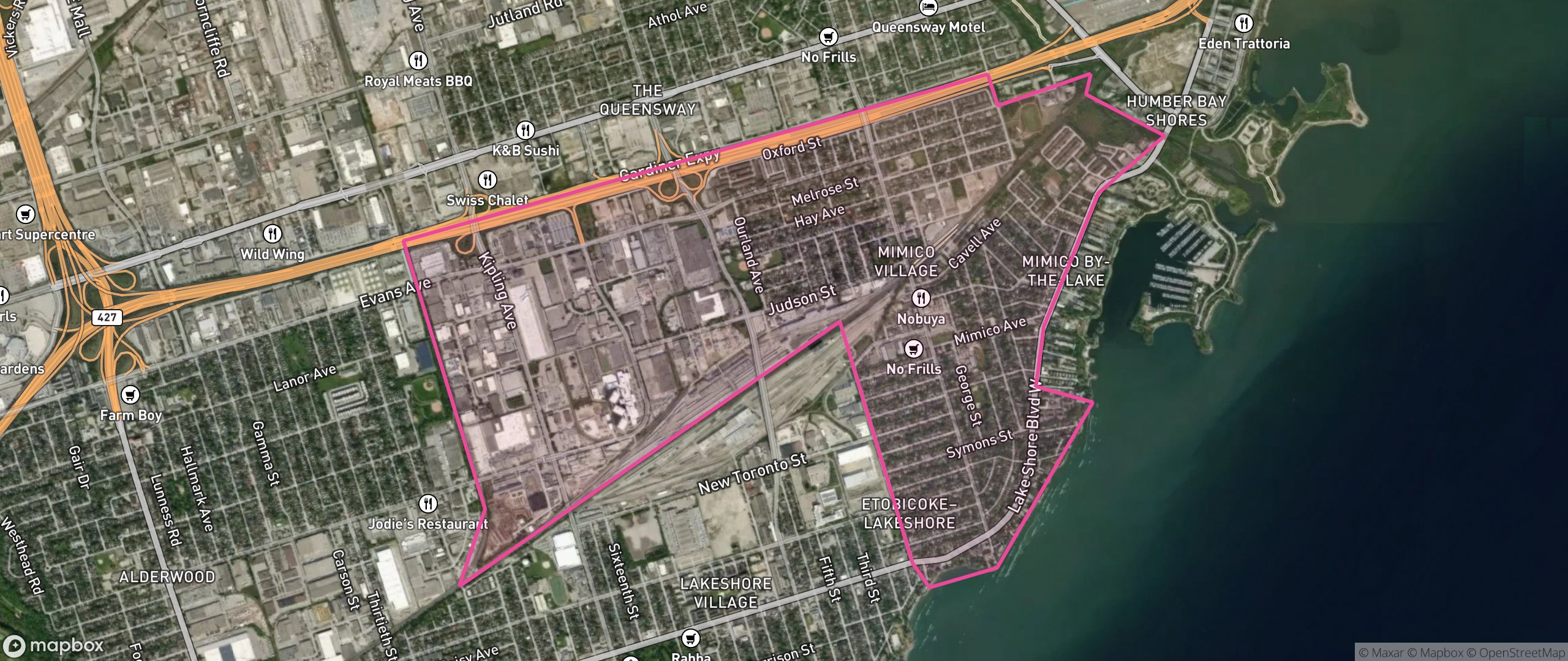 Map of Mimico-Queensway, Toronto showing the community boundary