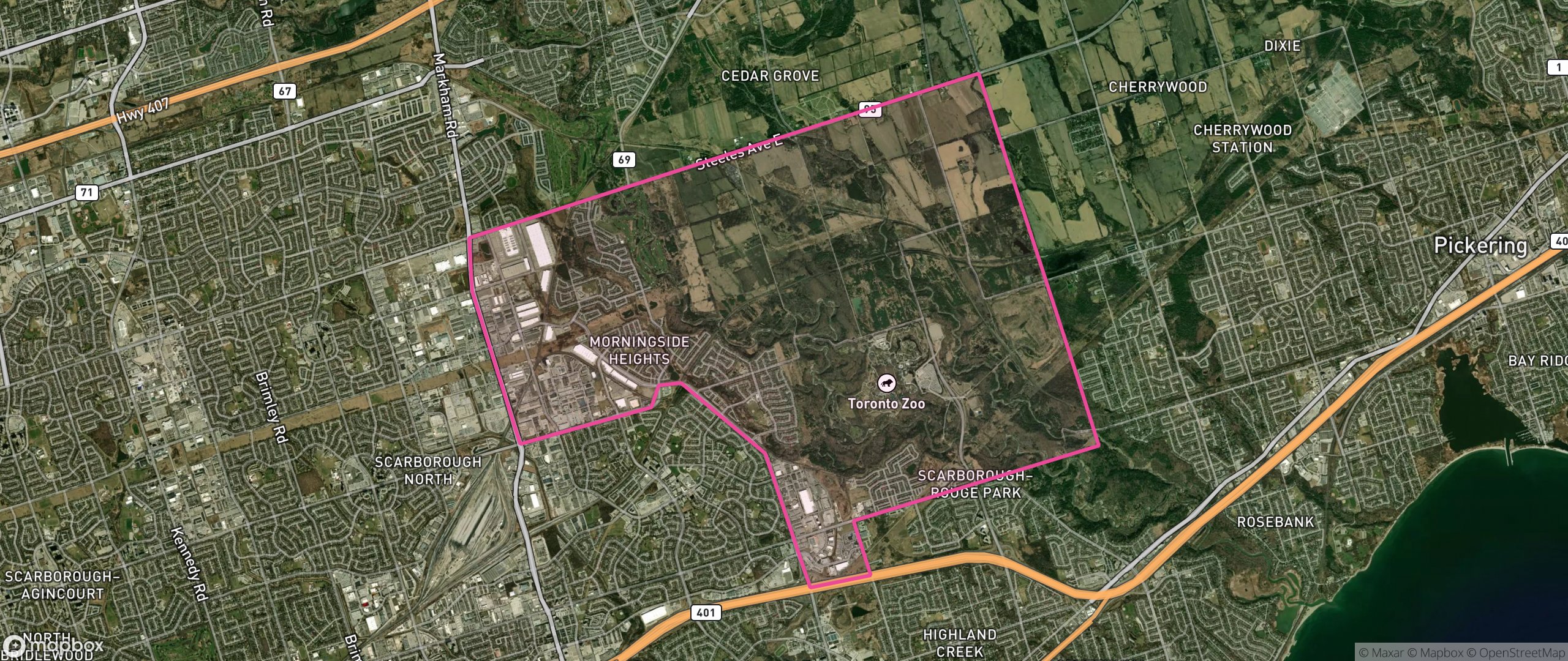 Map of Morningside Heights, Toronto showing the community boundary