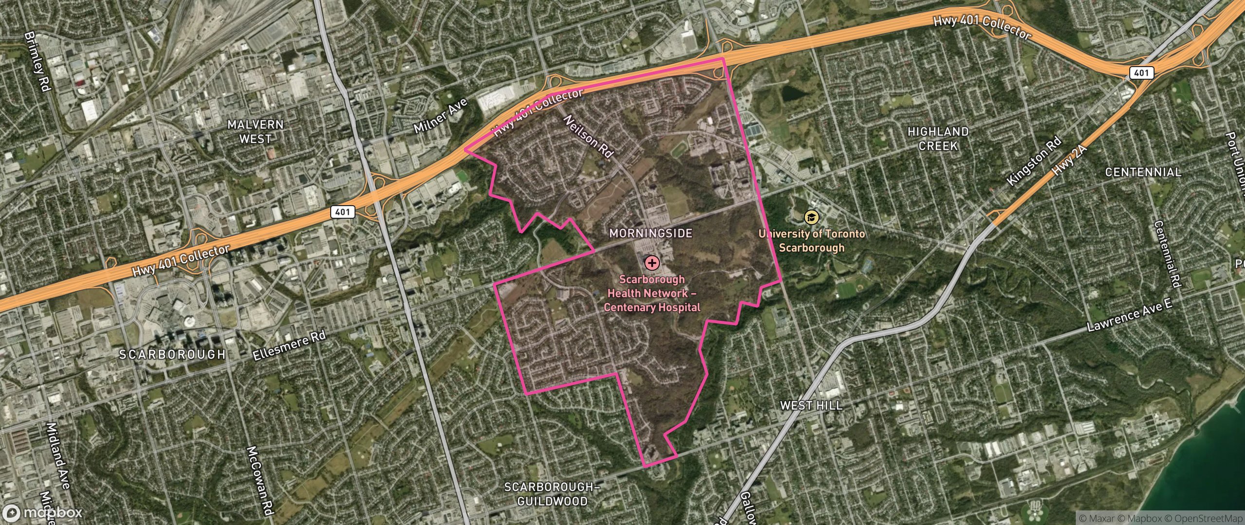 Map of Morningside, Toronto showing the community boundary