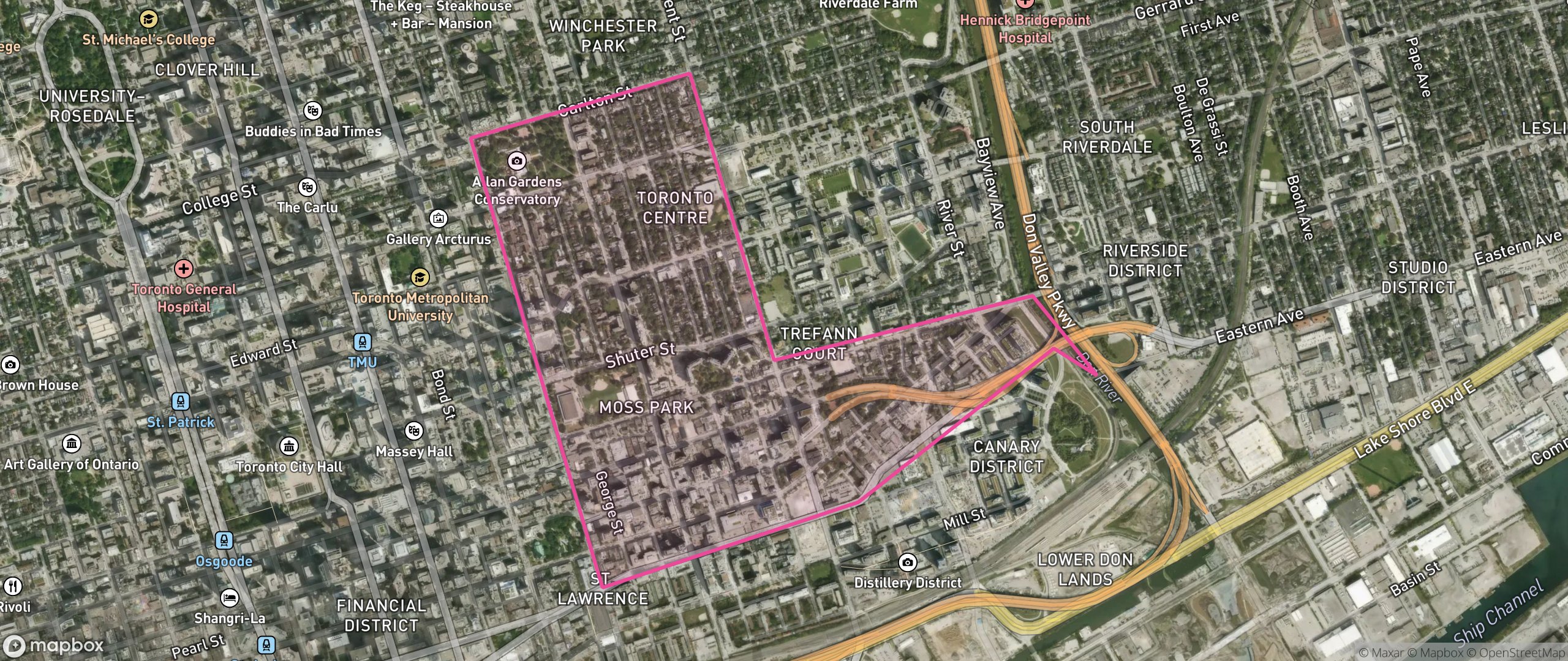 Map of Moss Park, Toronto showing the community boundary