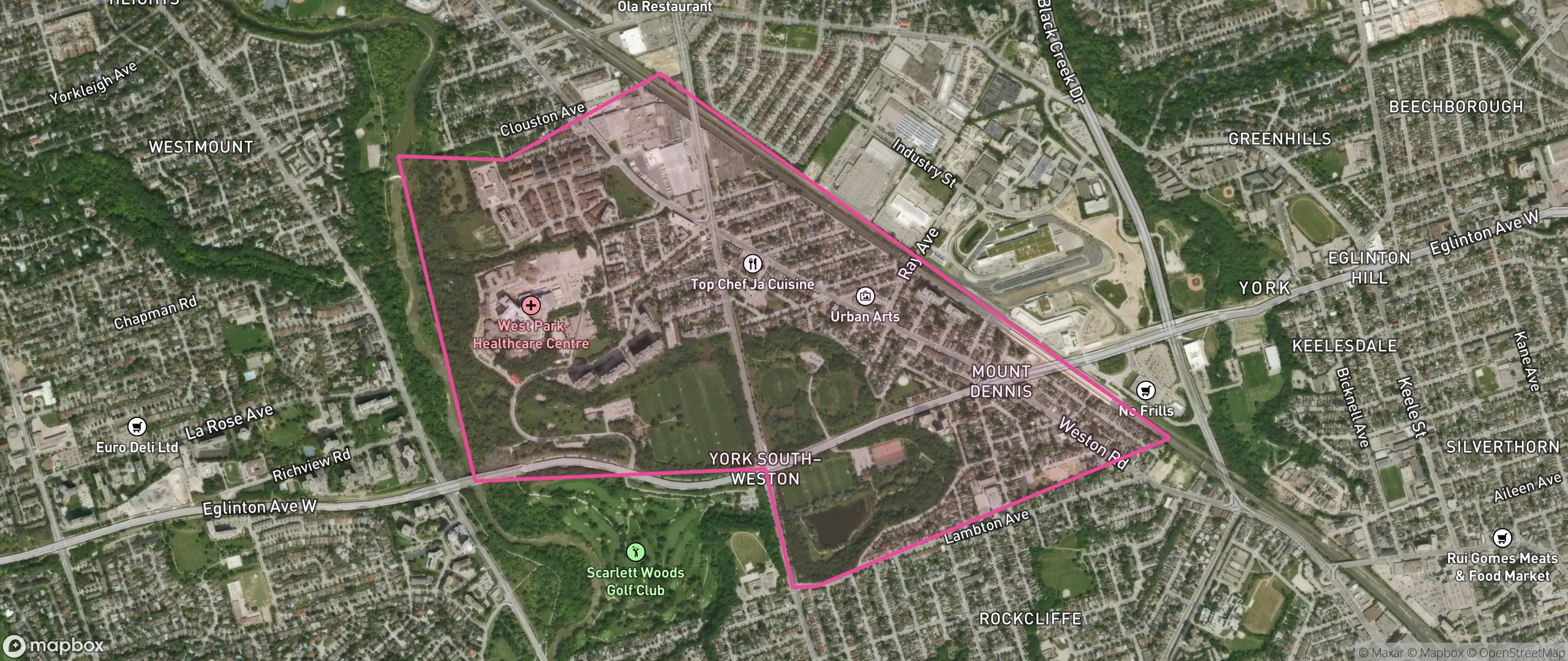 Map of Mount Dennis, Toronto showing the community boundary