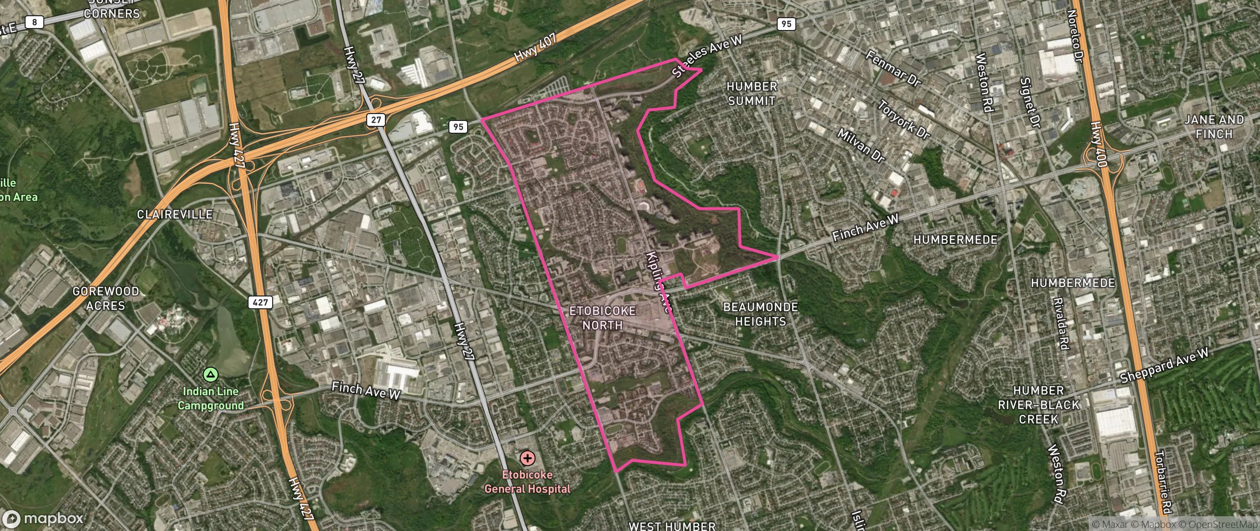 Map of Mount Olive-Silverstone-Jamestown, Toronto showing the community boundary