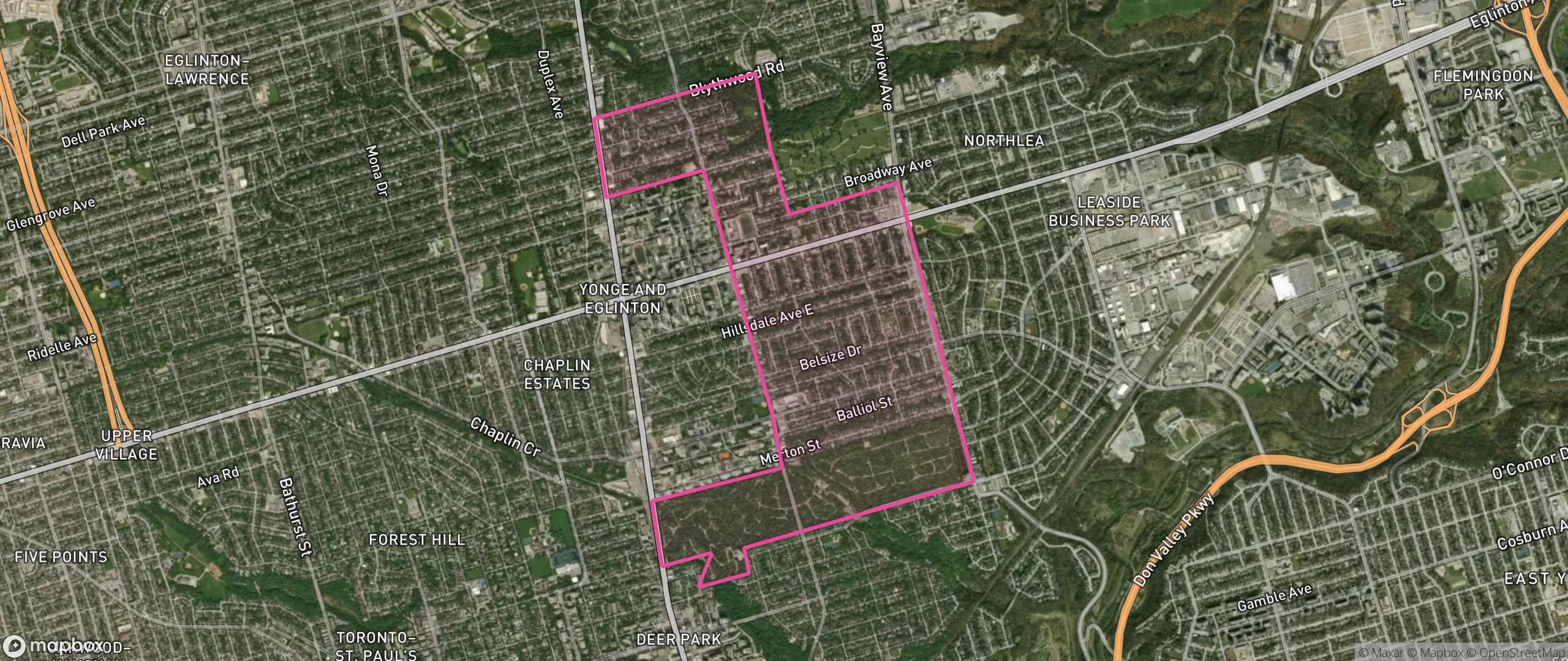 Map of Mount Pleasant East, Toronto showing the community boundary