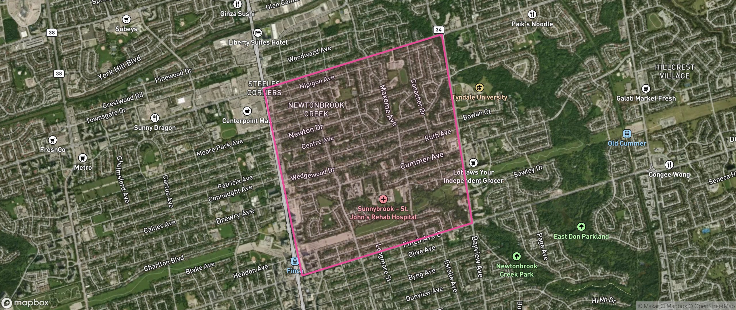 Map of Newtonbrook East, Toronto showing the community boundary