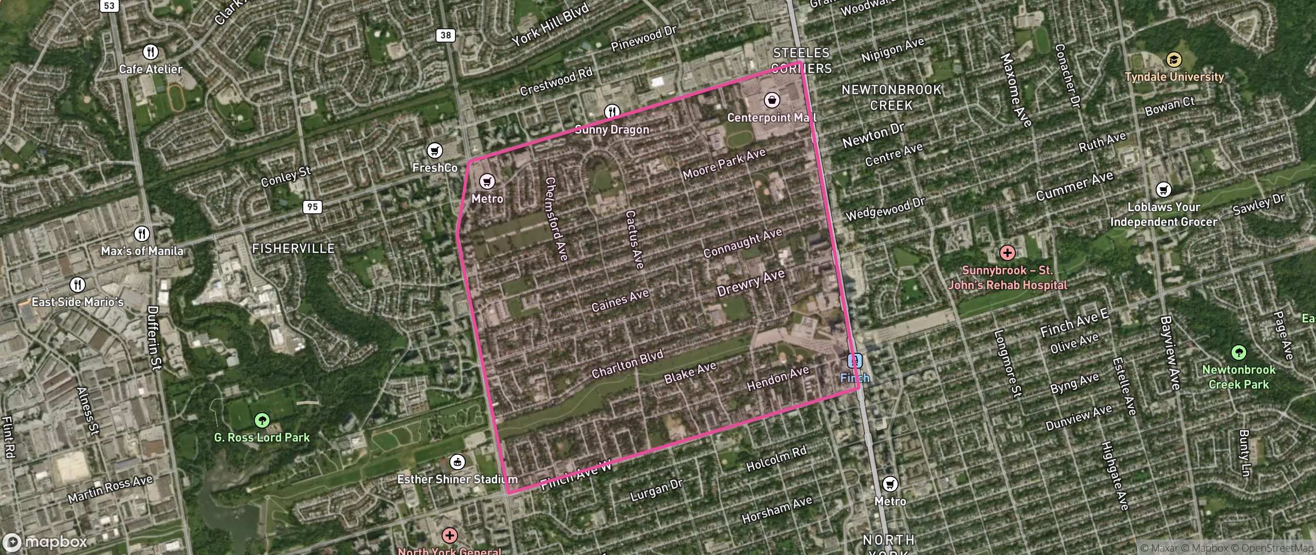 Map of Newtonbrook West, Toronto showing the community boundary