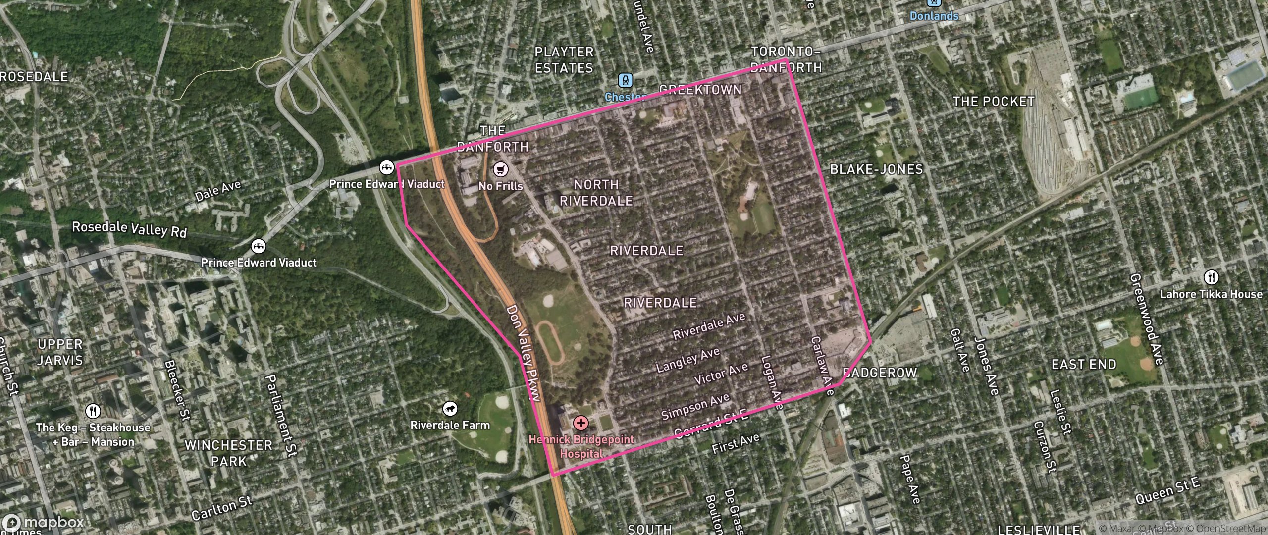 Map of North Riverdale, Toronto showing the community boundary