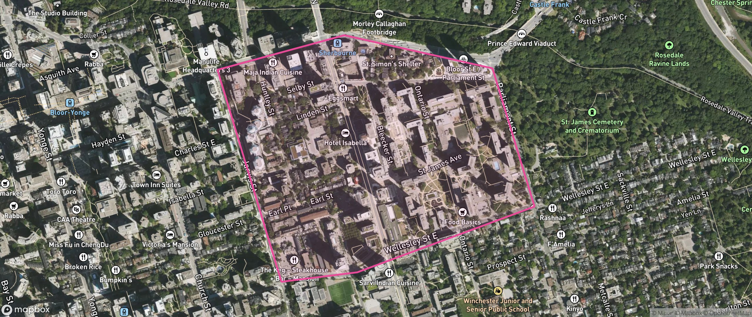 Map of North St.James Town, Toronto showing the community boundary