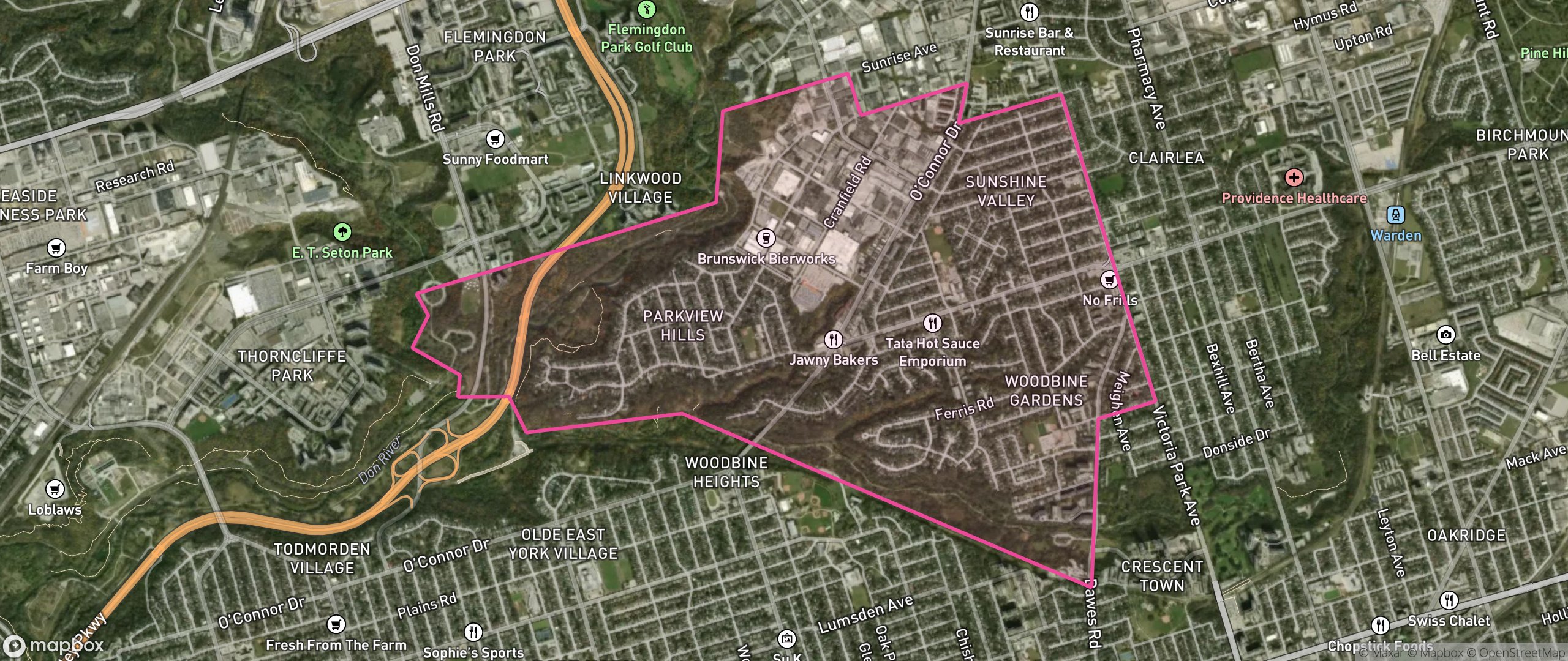 Map of O'Connor-Parkview, Toronto showing the community boundary