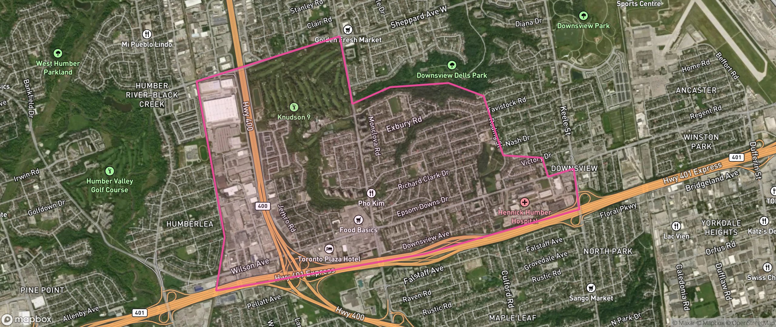 Map of Oakdale-Beverley Heights, Toronto showing the community boundary