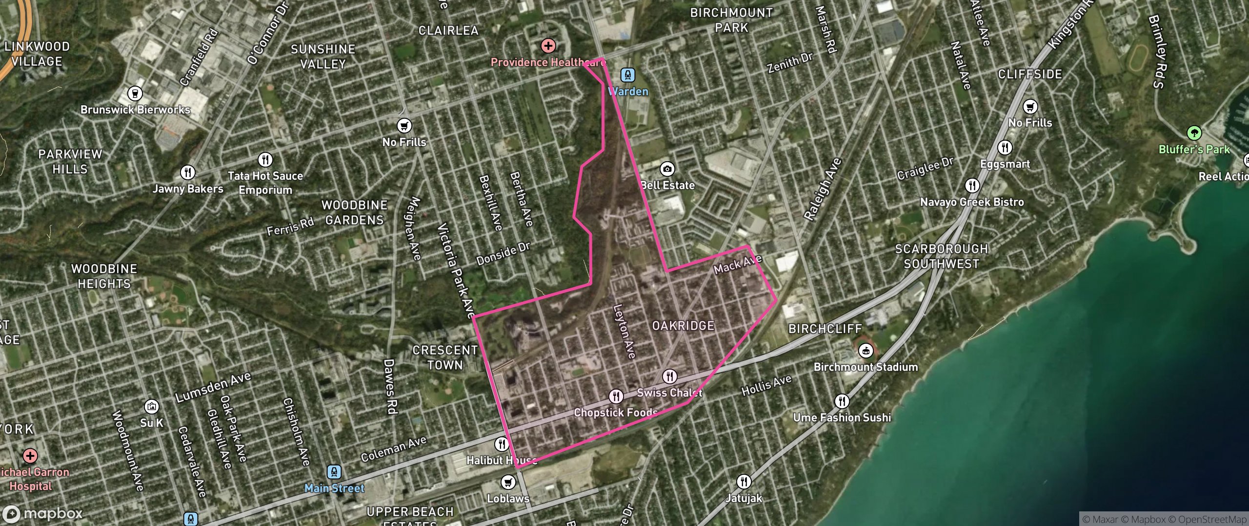Map of Oakridge, Toronto showing the community boundary