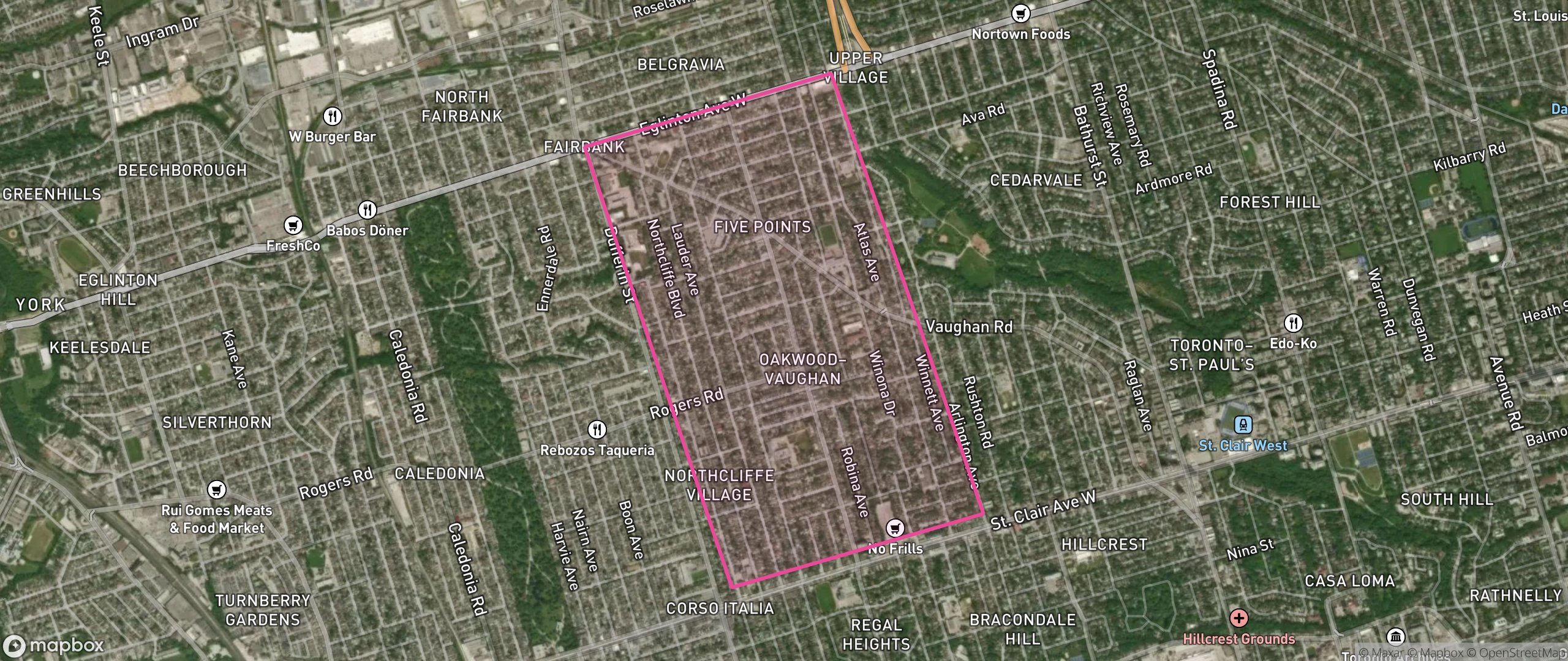 Map of Oakwood Village, Toronto showing the community boundary