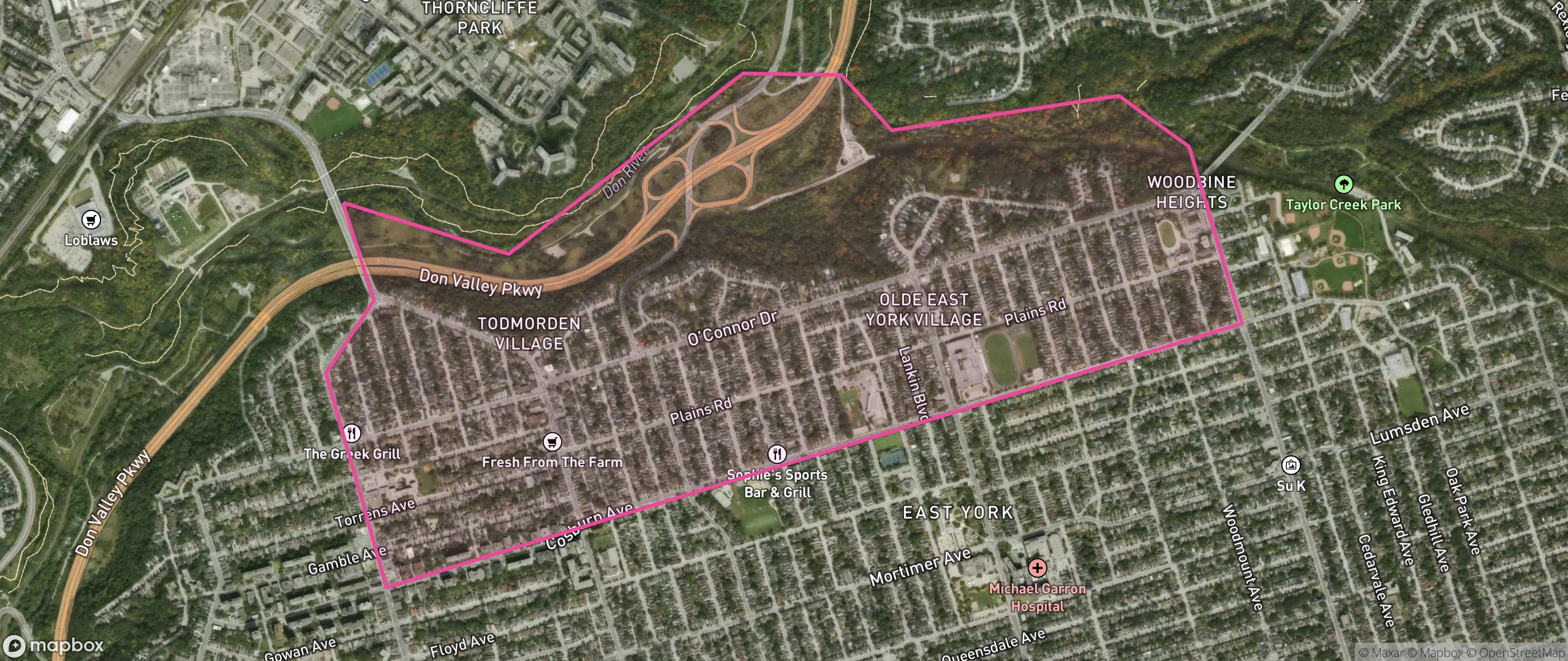 Map of Old East York, Toronto showing the community boundary