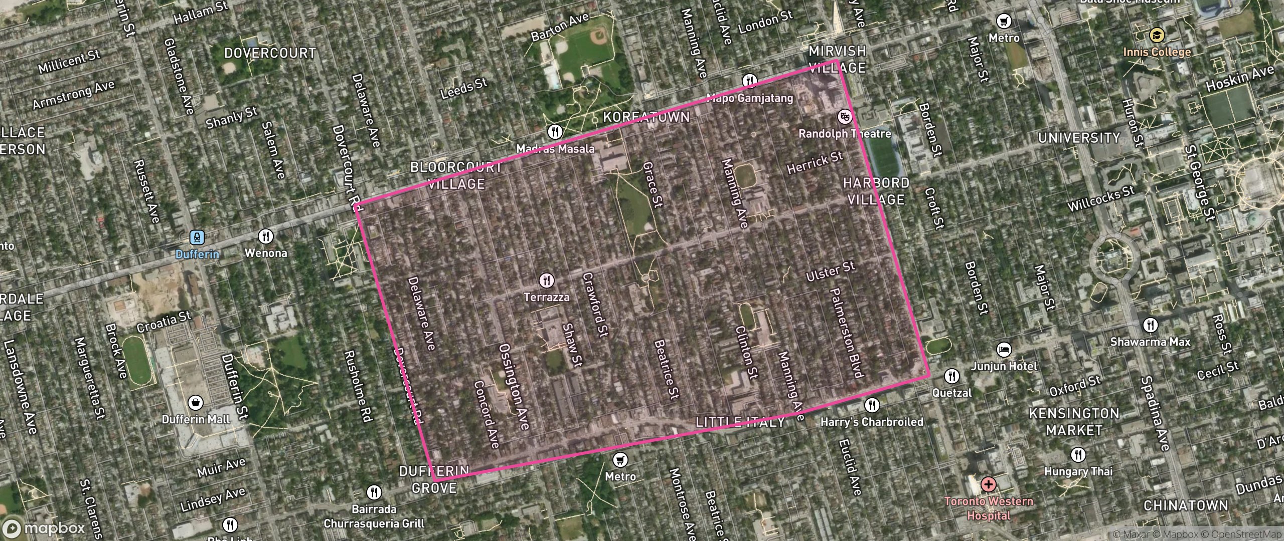 Map of Palmerston-Little Italy, Toronto showing the community boundary