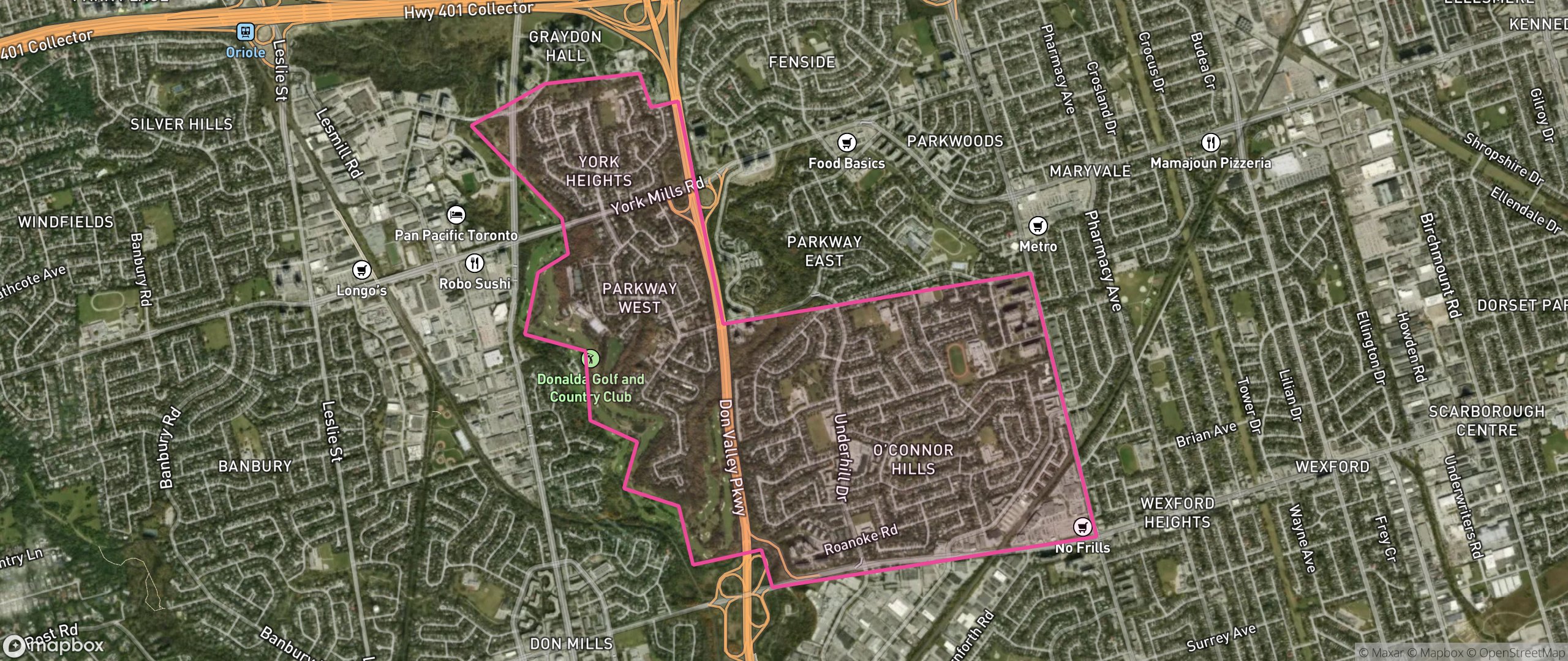 Map of Parkwoods-O'Connor Hills, Toronto showing the community boundary