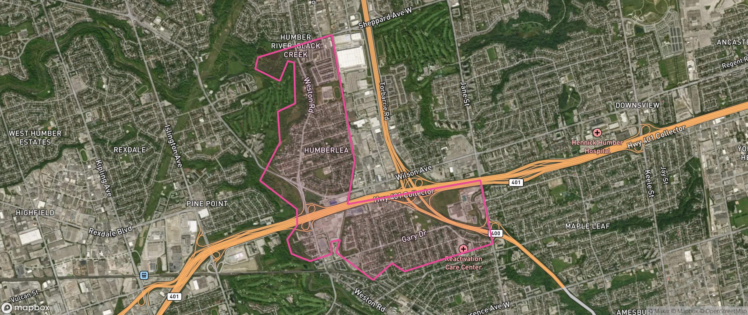 Map of Pelmo Park-Humberlea, Toronto showing the community boundary